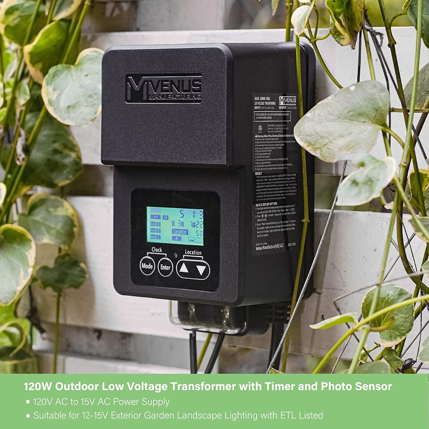 120W Outdoor Low Voltage Transformer with Timer and Photo Sensor, 120V AC to 15V