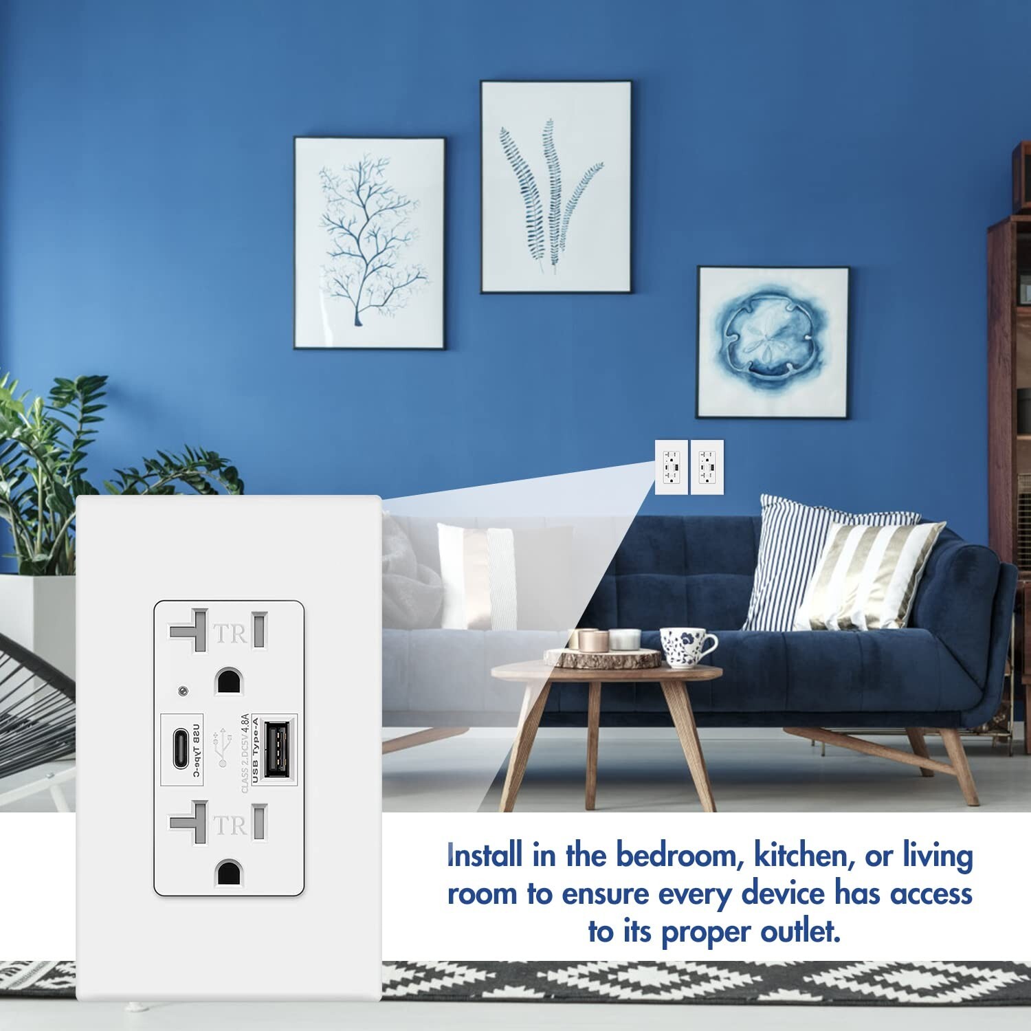 4.8A USB C Outlet High Speed,24W 20 Amp,White, 125 V Tamper-Resistant ,2 Pack