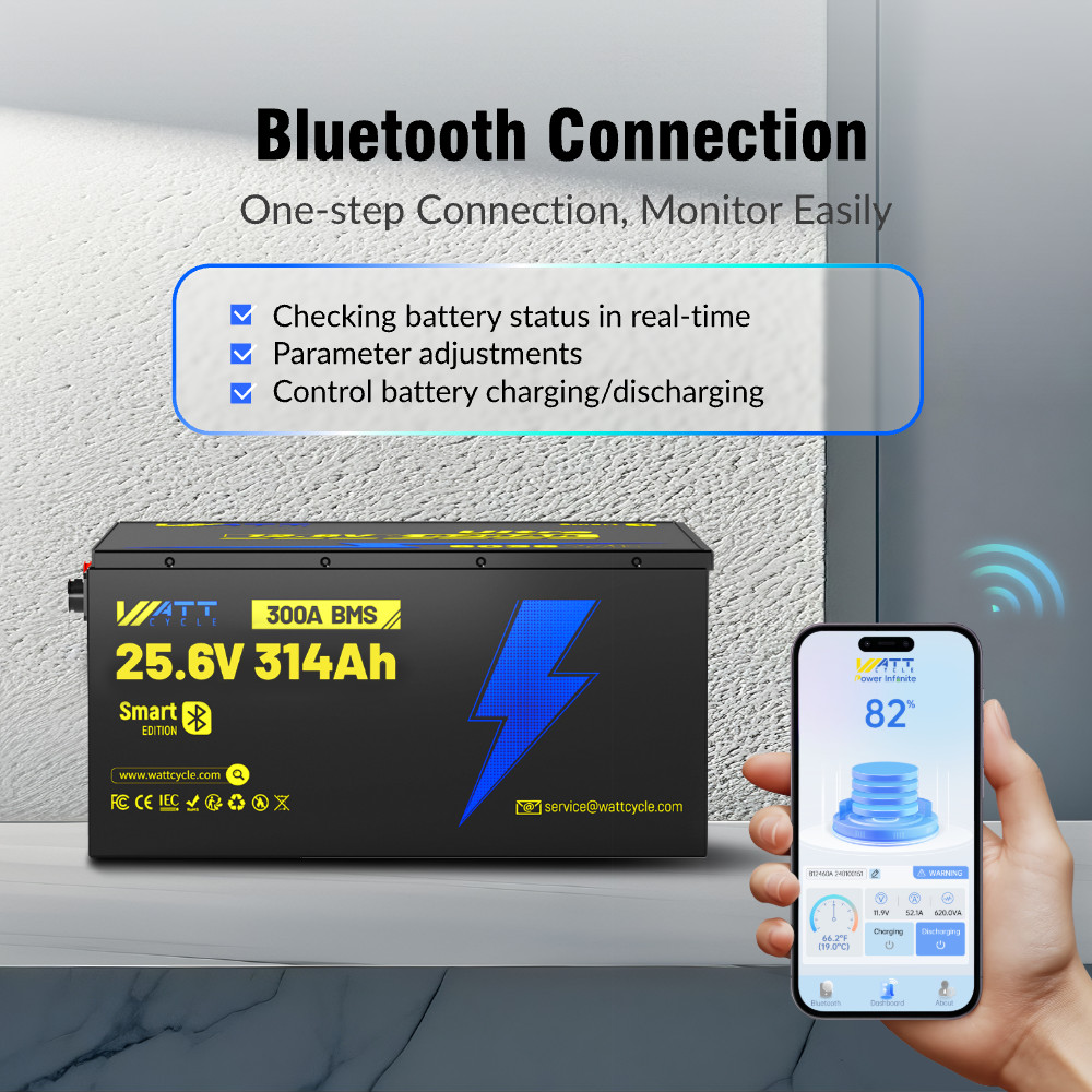 Wattcycle 24V 314Ah 300A BMS LiFePO4 Lithium Battery with Bluetooth App for RV