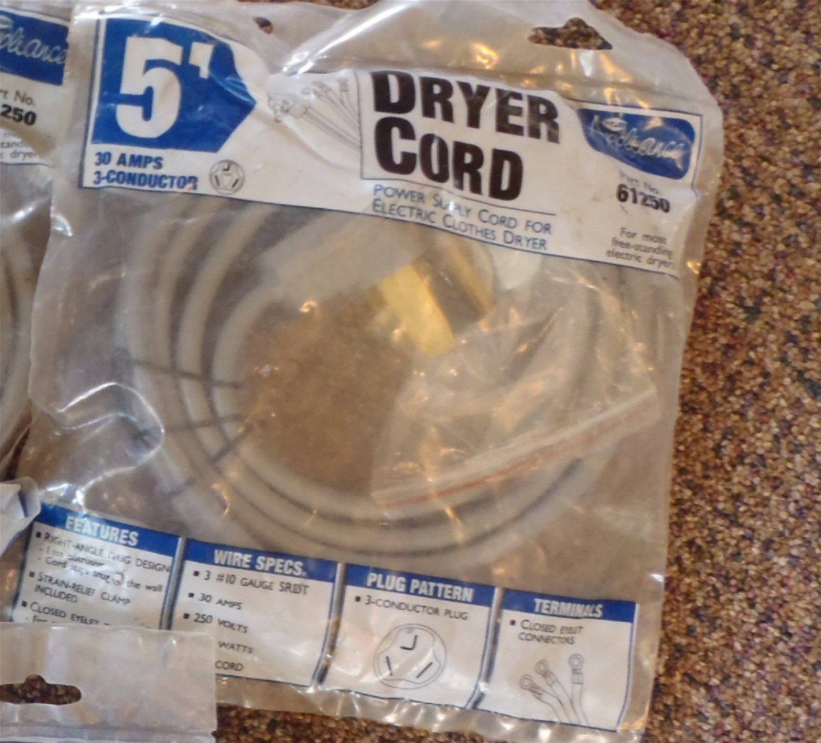 Qty=2: 5′ Dryer Cord 30 amps 3-conductor 250 volts 61250
