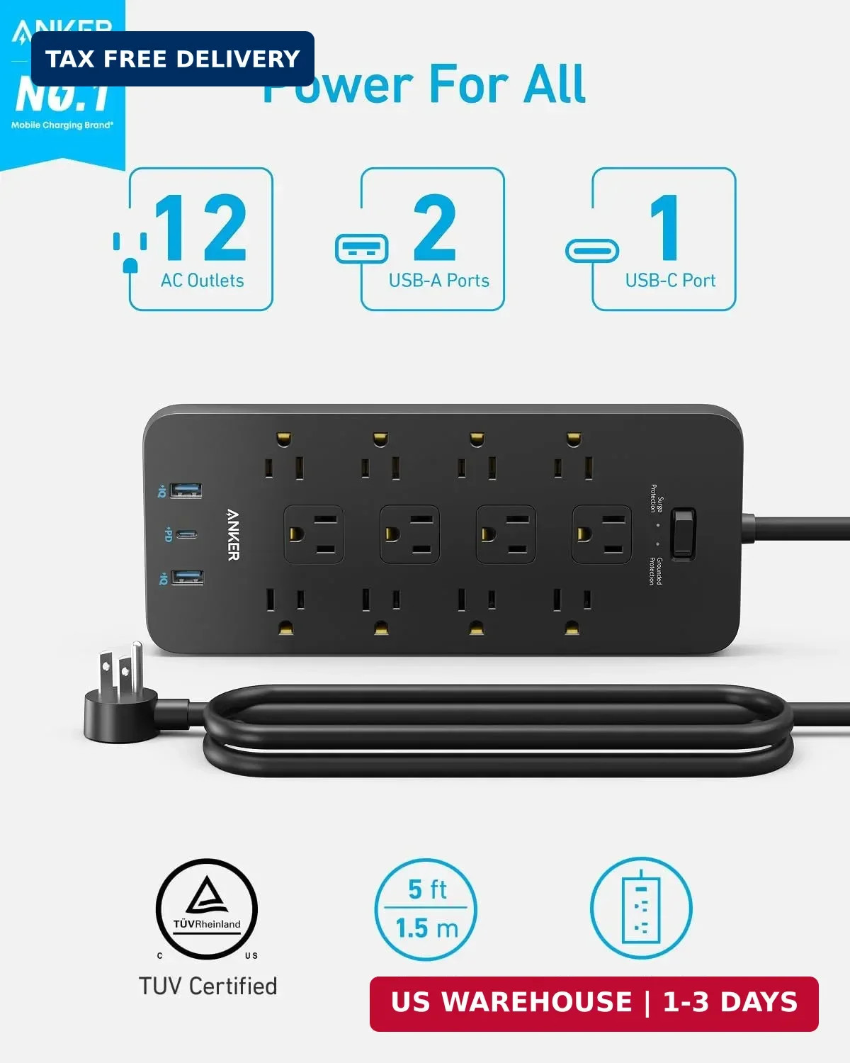 Anker Power Strip with 2100J Surge Protector, Outlet Extender, 5ft Extension Cor