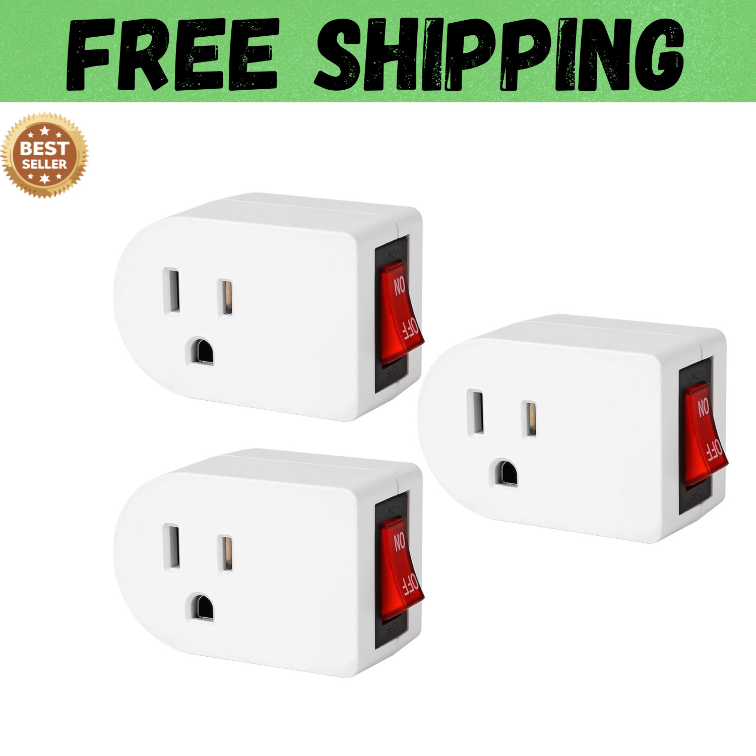 VSEER Grounded Outlet with ON Off Switch, Wall Tap Adapter Single Outlet 3 Pack
