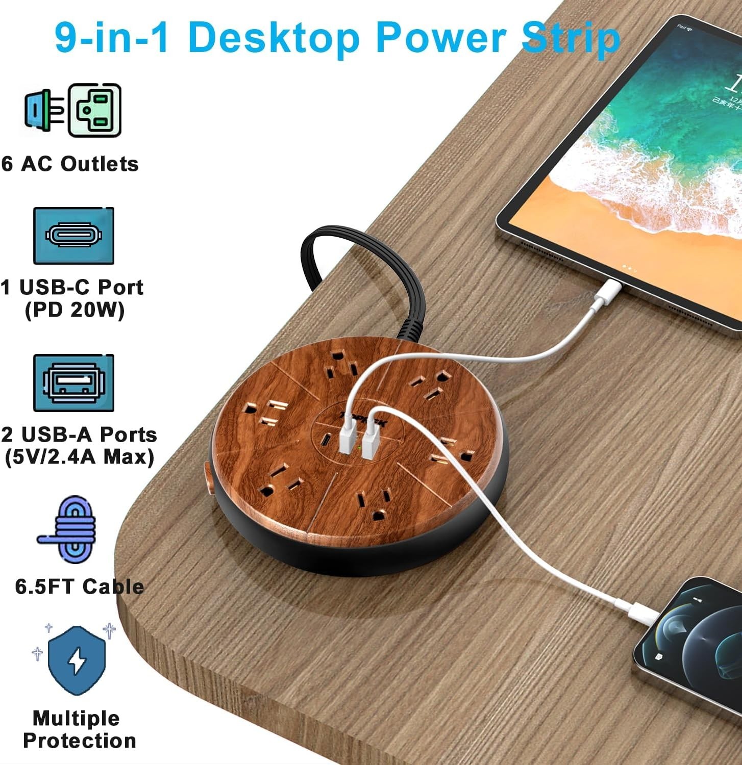Power Strip with USB – 6 Outlets, 1 USB-C 20W PD, 2 USB-A – Wood Finish Power…