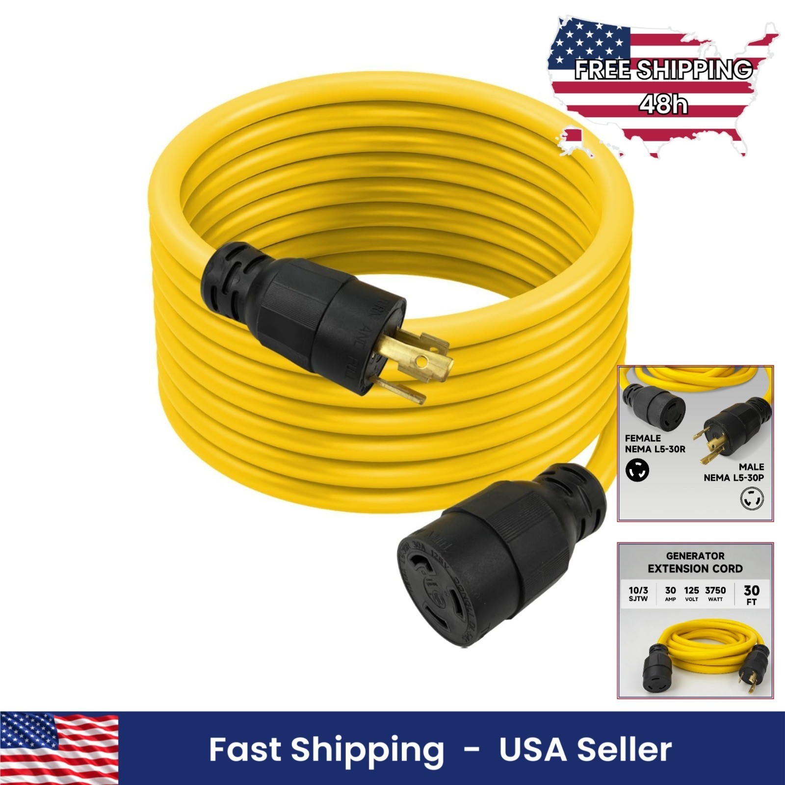30 Ft 30 Amp Generator Extension Cord Yellow 10 Gauge SJTW Twist Lock 3-Prong 12