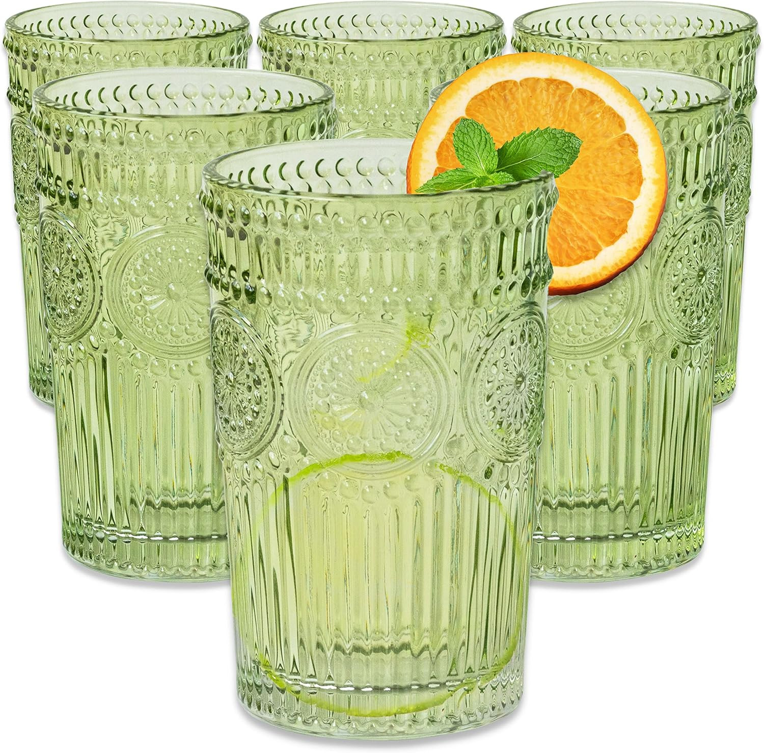 Vintage Ribbed Green Drinking Glasses Set of 6-13 Oz Colored Embossed Glass Cups