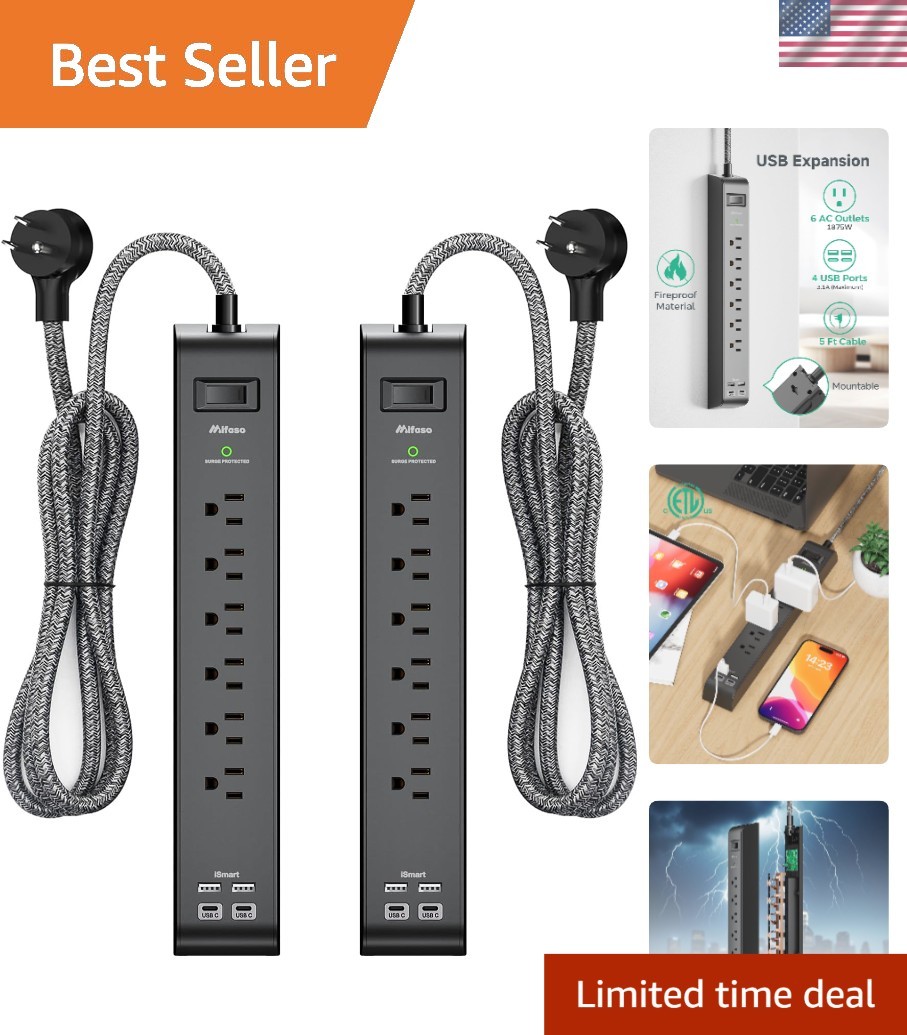 5 Ft Braided Extension Cord Surge Protector, 6 Outlets + 4 USB Ports, 900 Joules