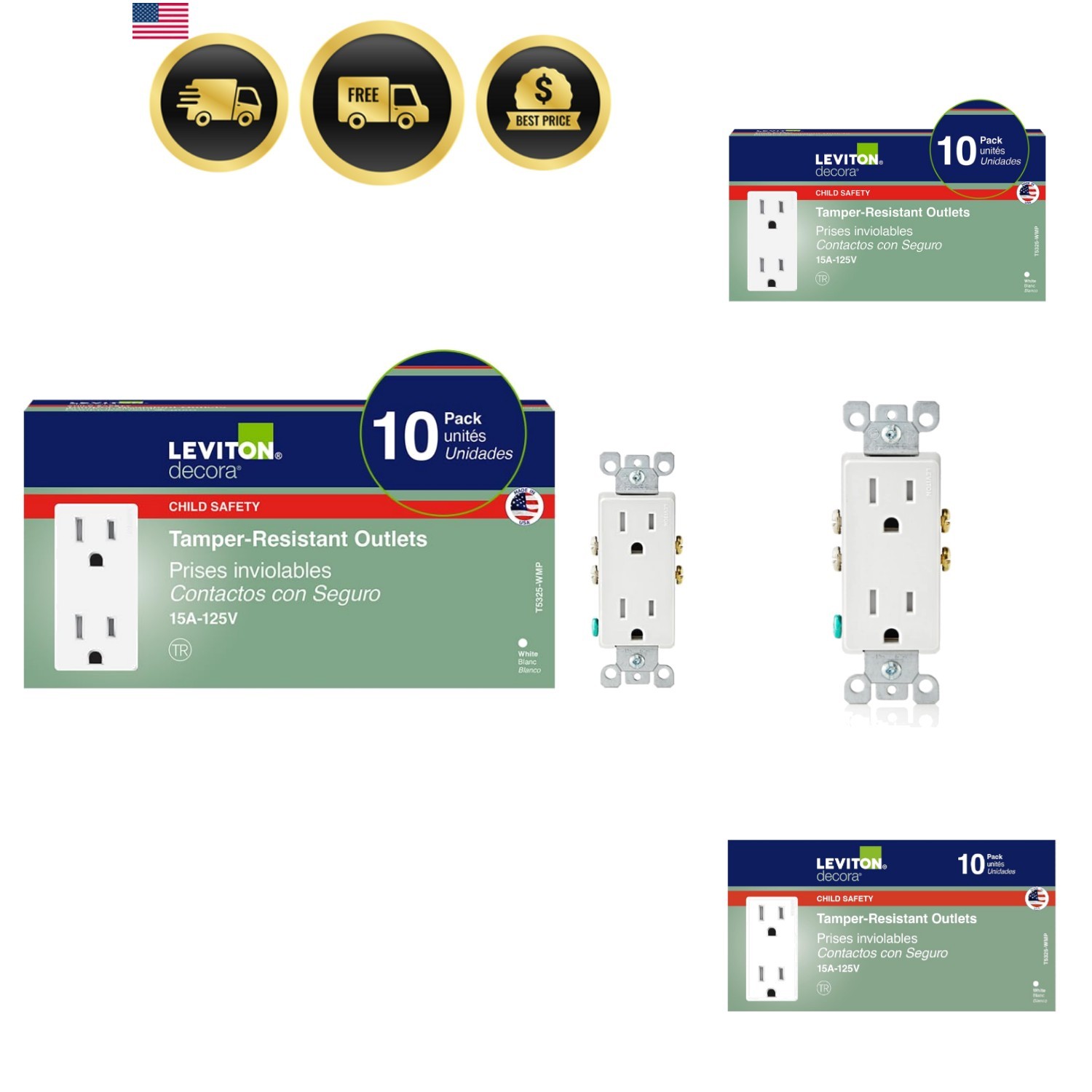 15 Amp Decora Tamper-Resistant Duplex Electrical Wall Outlet, 10 Pack, , White