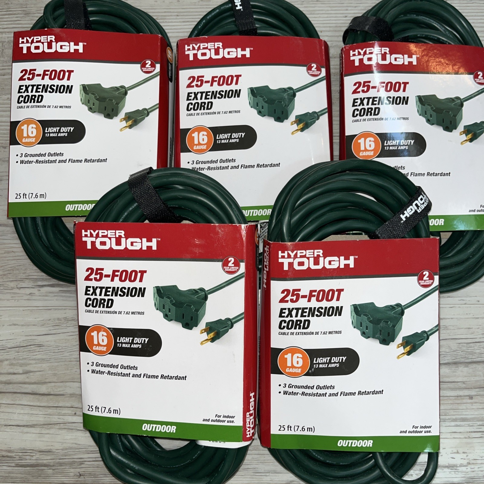 5 Lot Hyper Tough 25FT 16AWG 3 Prong Green Triple Outlet Outdoor Extension Cord