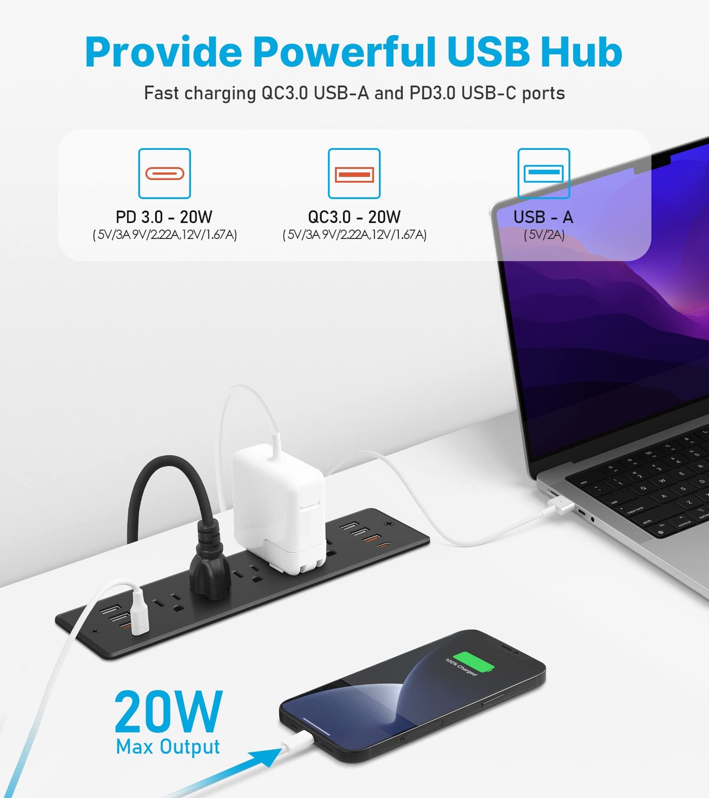 Recessed Power Strip 5 Outlets with USB-A and USB-C Ports, Furniture Desk Hid…
