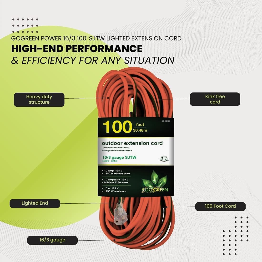 100ft Contractor Grade Outdoor Extension Cord – Moisture & Abrasion Resistant