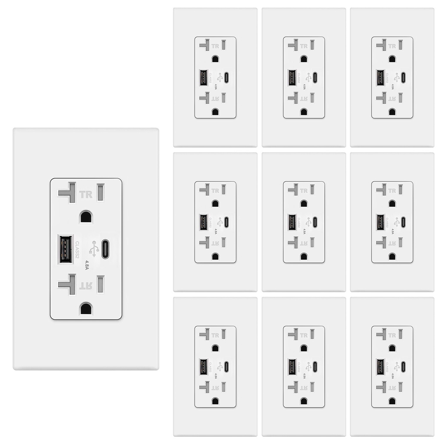4.8A USB C Outlet 24W Dual High Speed Decora Receptacle 20 Amp 125 Volt ，10Pack