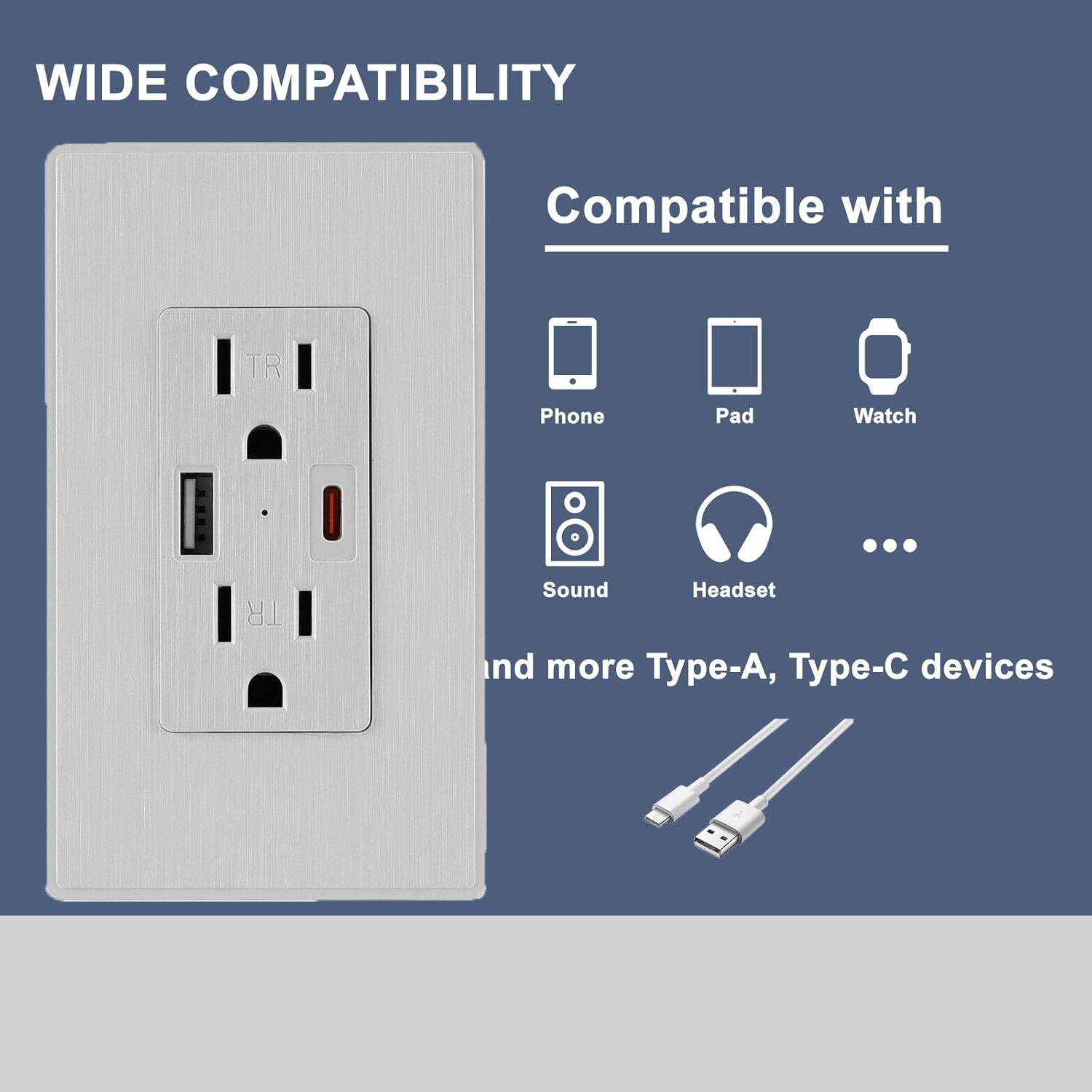 1-5 Pack UL Listed Wall Outlet with USB-A & USB-C Ports 15A Tamper Resistant