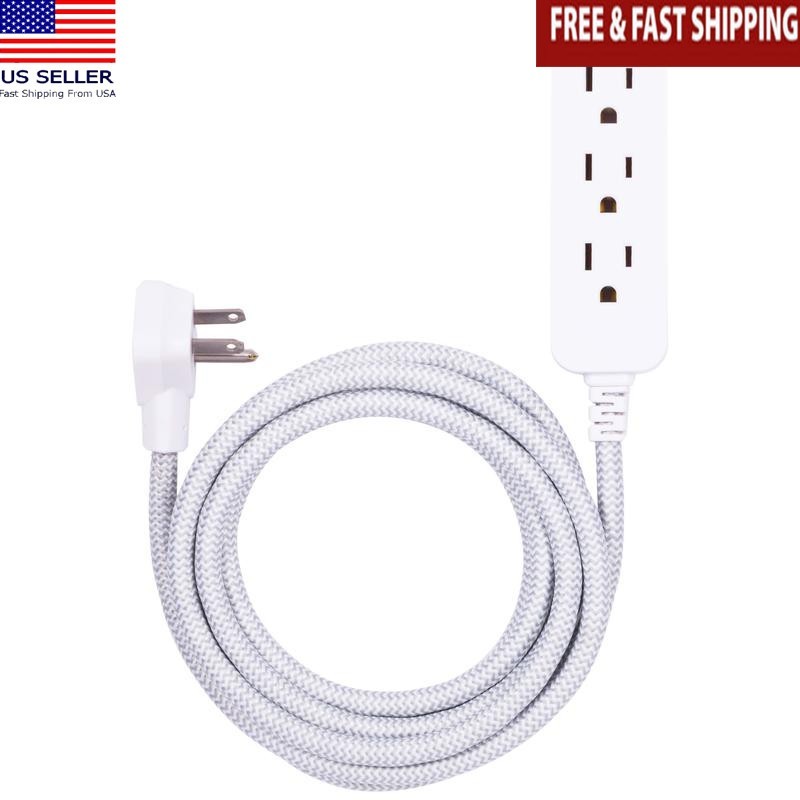 10 ft 3-Outlet Extension Cord Flat Plug Fabric Cover Indoor Power Supply White