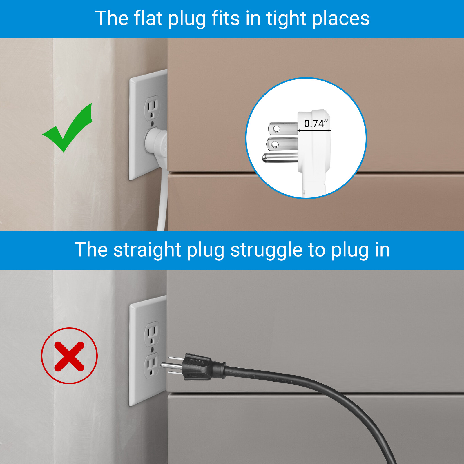 DEWENWILS 1 FT Extension Cord Flat Plug Extension Cord with 3 Prong 3 Pack