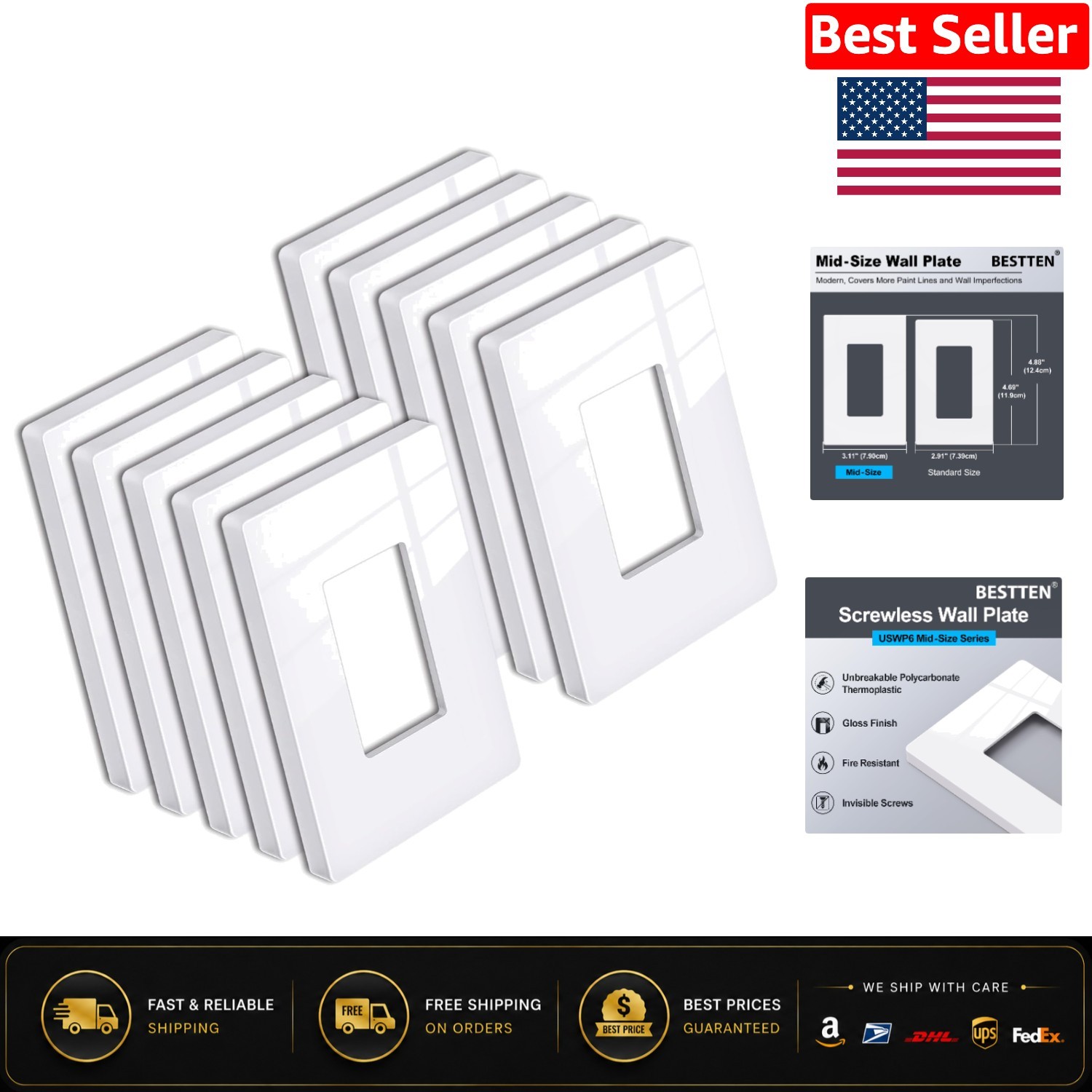 Mid-Size 10-Pack Glossy Snow White Screwless Wall Plates for a Modern Touch