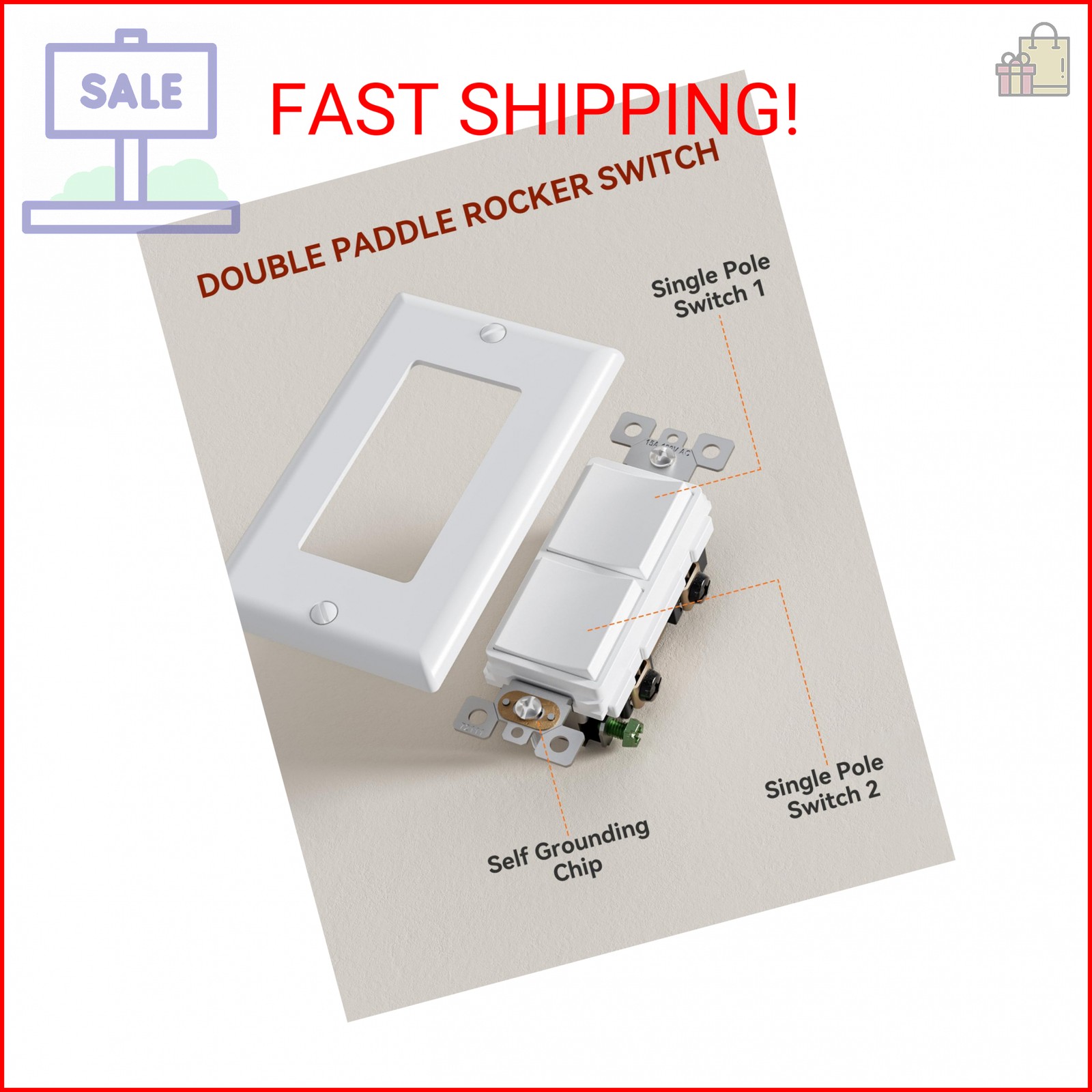 AIDA Single Pole Double Paddle Rocker Decorator Light Switch, 15 Amp Self-ground