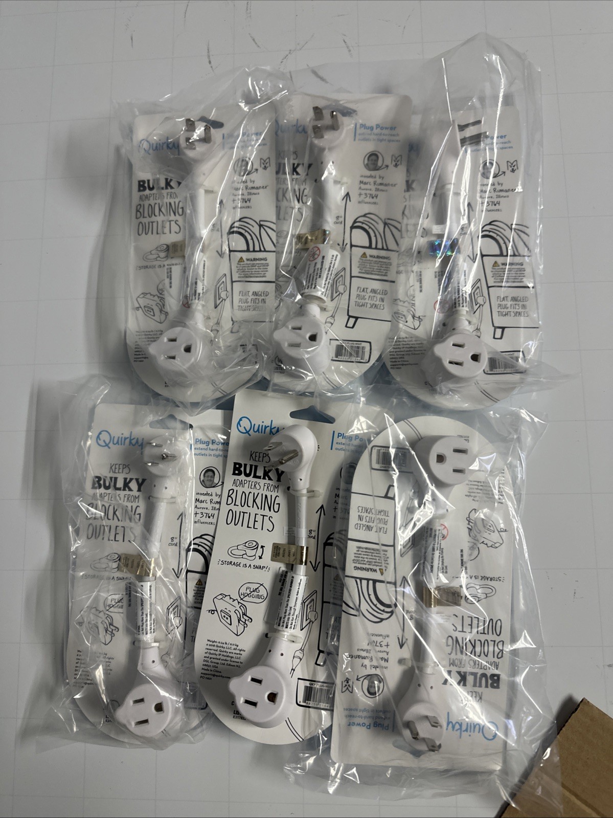 6 pack Quirky 8 INCH PLUG Extension Power Cord – White
