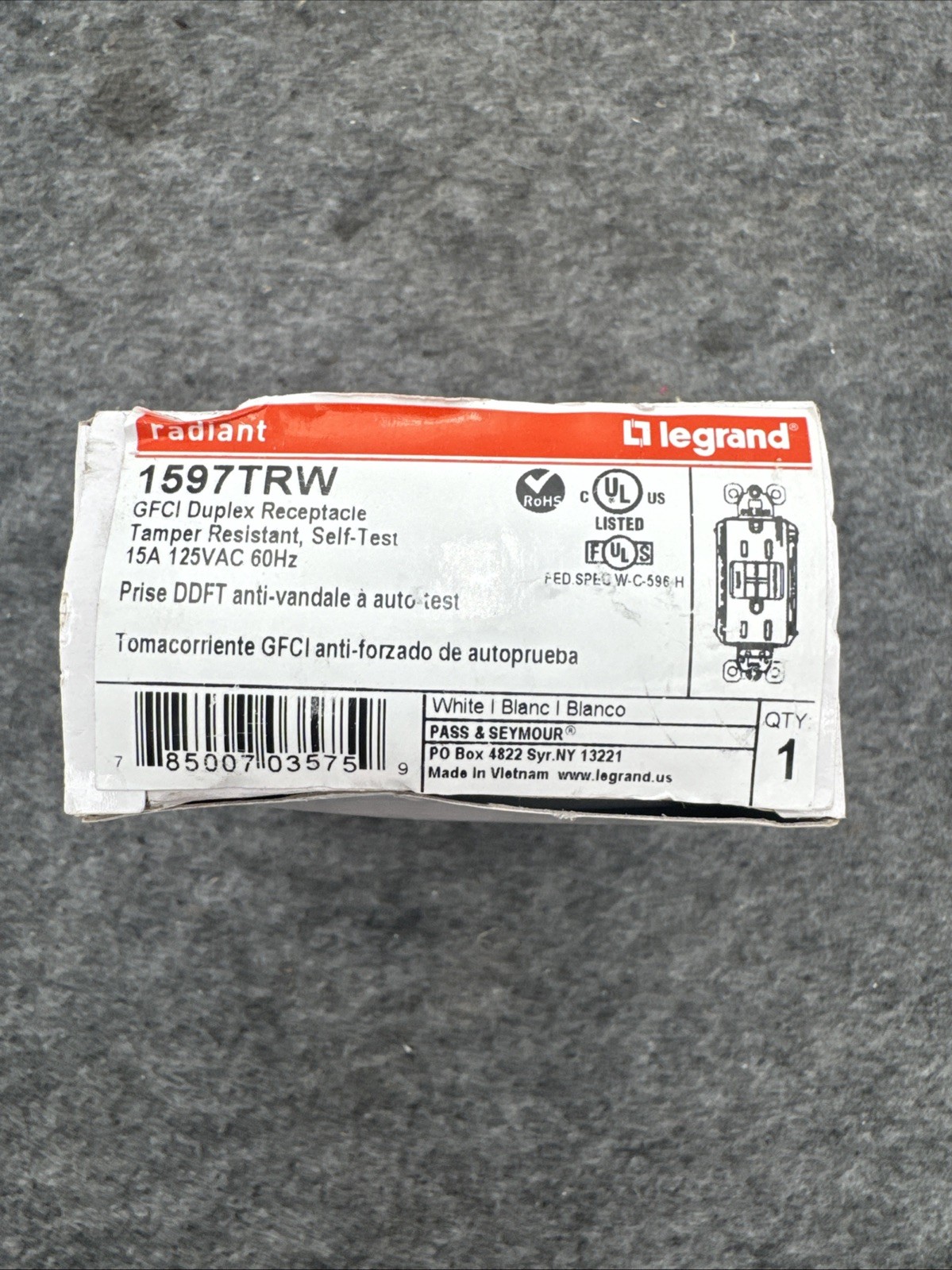 Legrand Radiant 1597-TRW 15A Self-Test GFCI Receptacle Outlet Tamper Resistant