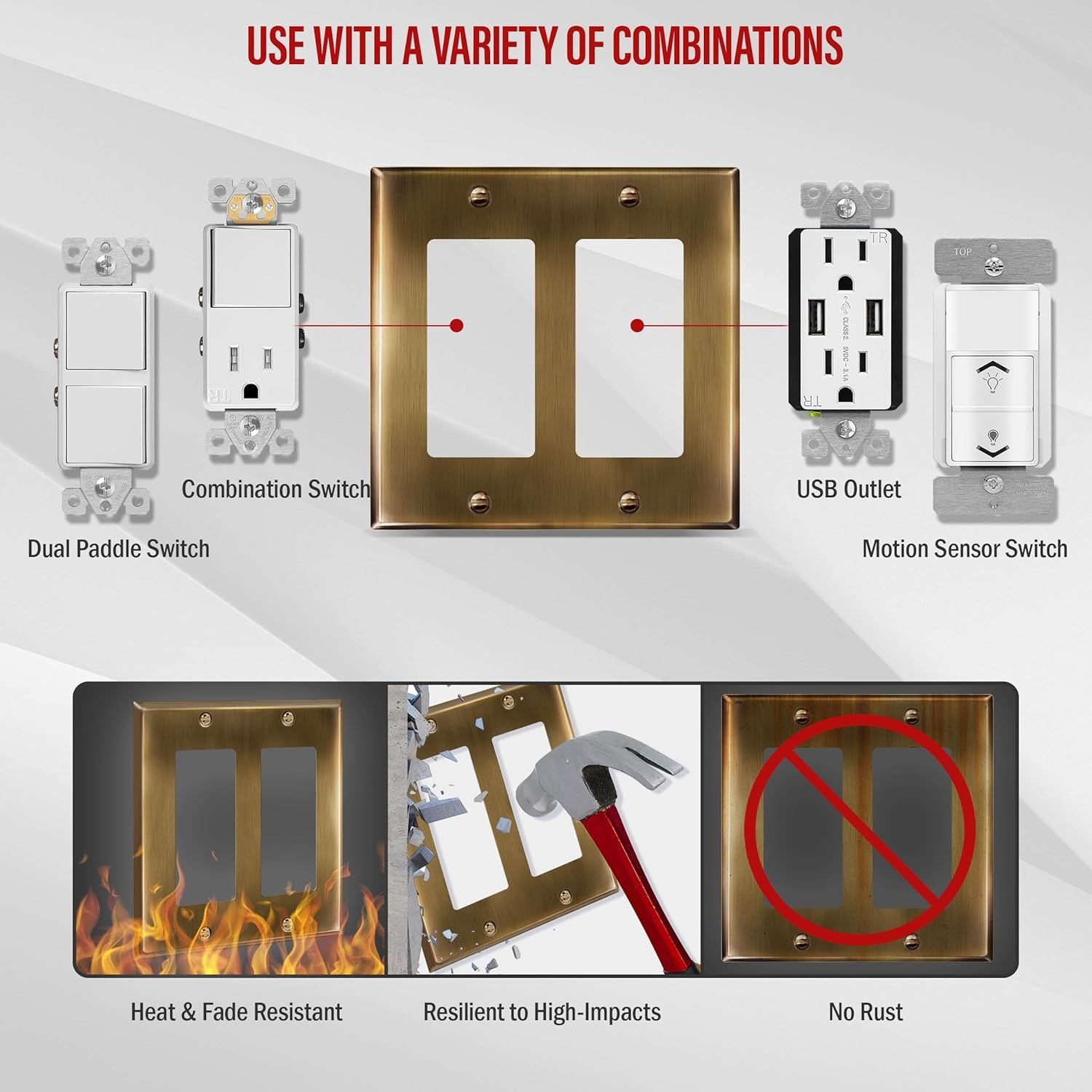 Antique Brass 2-Gang Stainless Steel Switch Plate – Corrosion Resistant Elegance