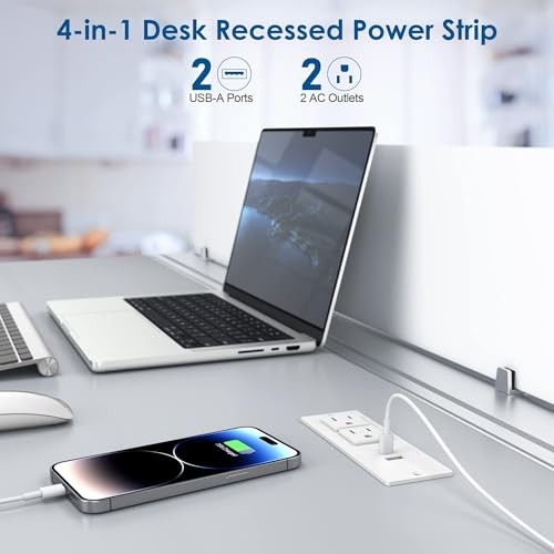 Small Recessed Power Strip Plug Extension Cord with USB Electrical Outlet White