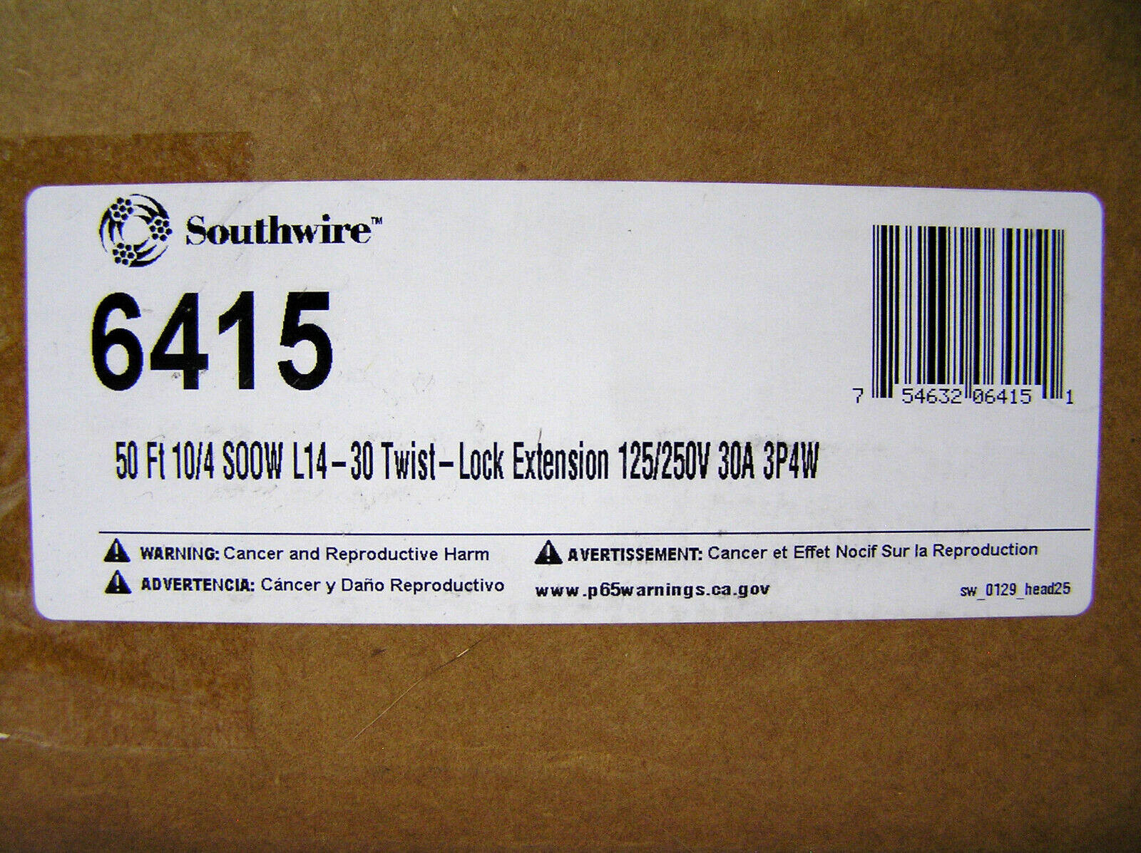 SOUTHWIRE 6415 50Ft Extension Cord 10/4 SOOW L14-30 Twist-Lock 125/250V 30A 3P4W