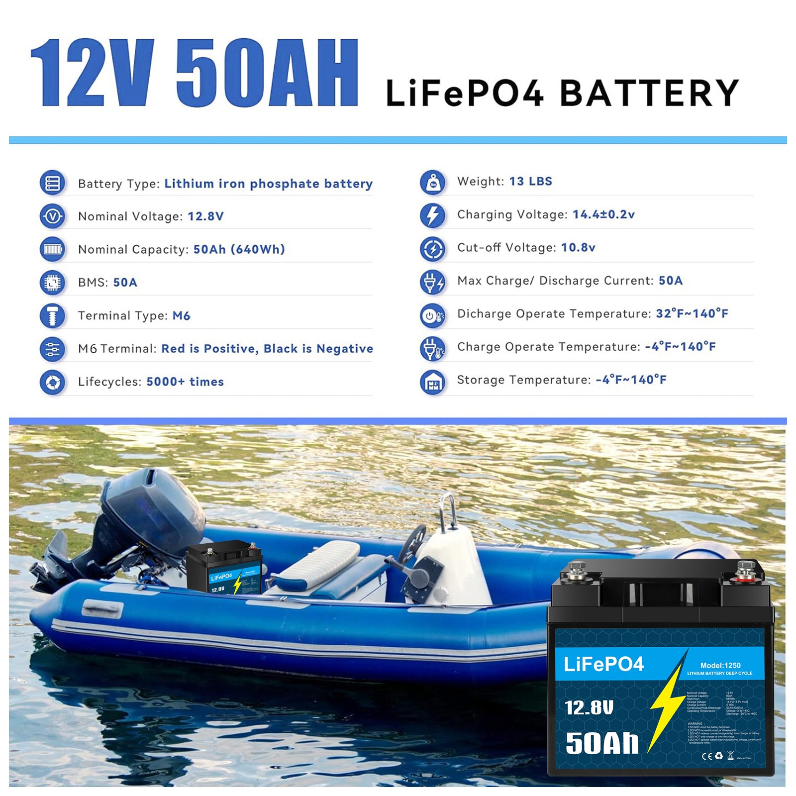 12V 50Ah Lithium Battery LiFePO4 Rechargeable Deep Cycle BMS RV Solar Golf Cart