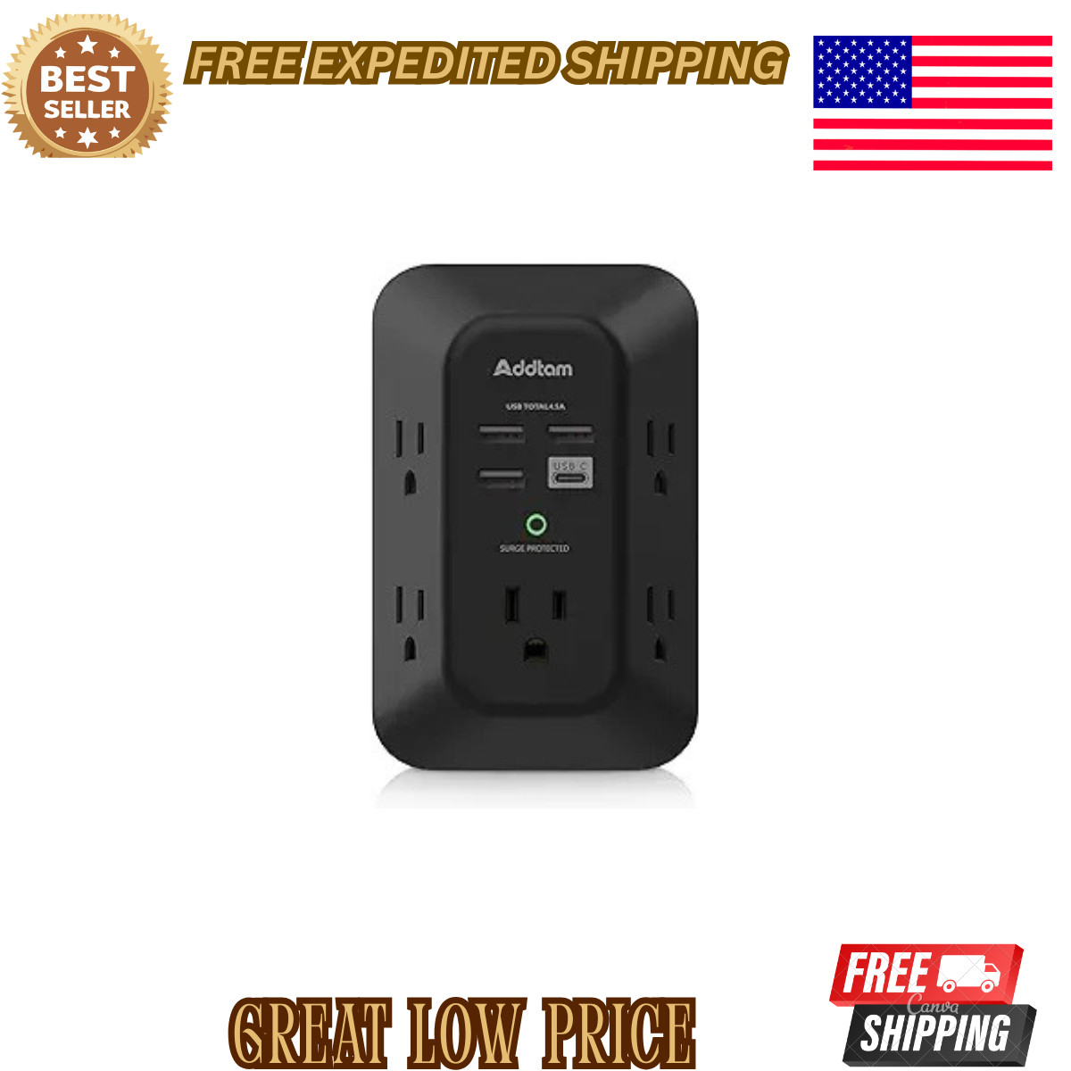 USB Wall Charger Surge Protector – 5 Outlet Extender with 4 USB Charging Ports (