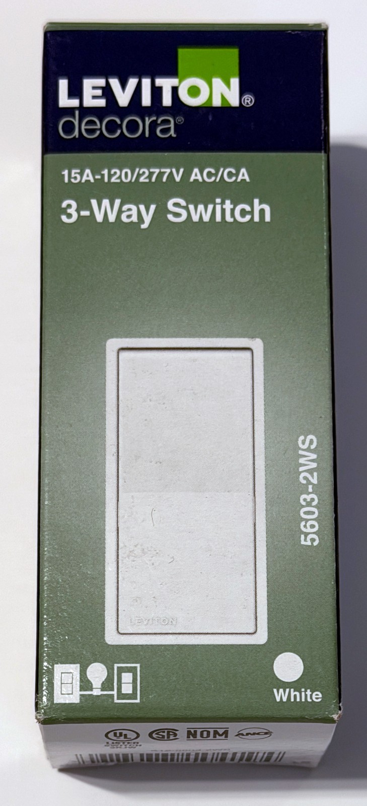 Leviton S12-5603-2WS White 15 Amp Residential Grade Decora 3-Way AC Quiet Switch