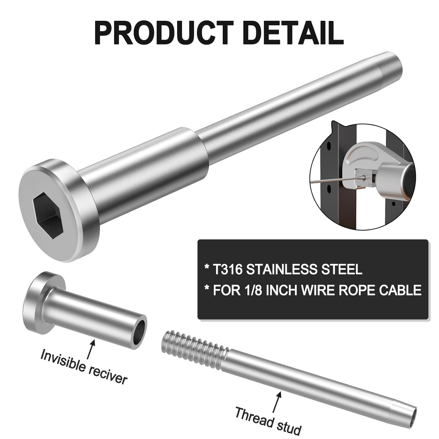 100 Pack Invisible Cable Railing Kit, T316 Stainless Steel 1/8″ Invisible Receiv