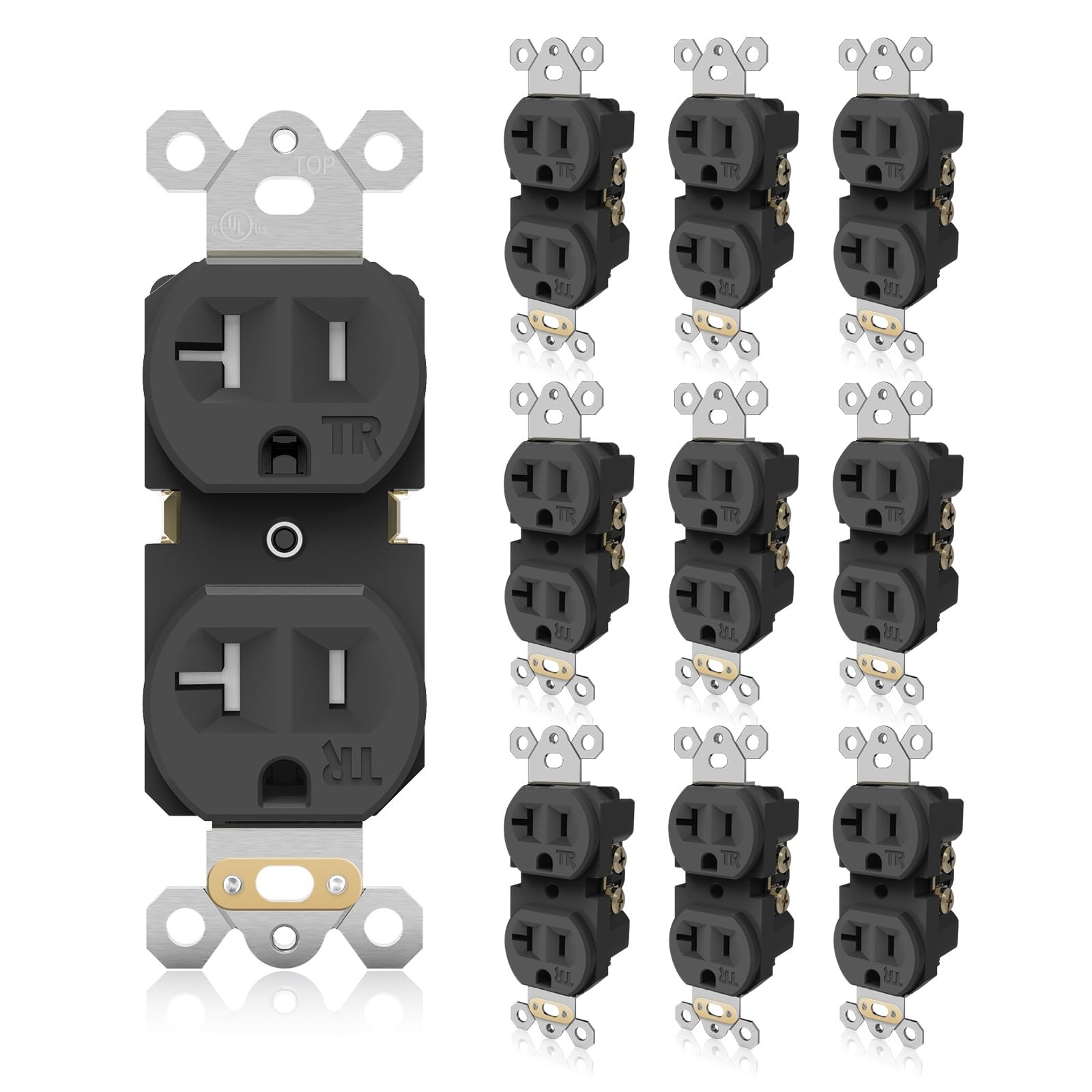 Tamper-Resistant Black Duplex Outlet, 20A 125V AC Power Socket, 10 Pack, UL List