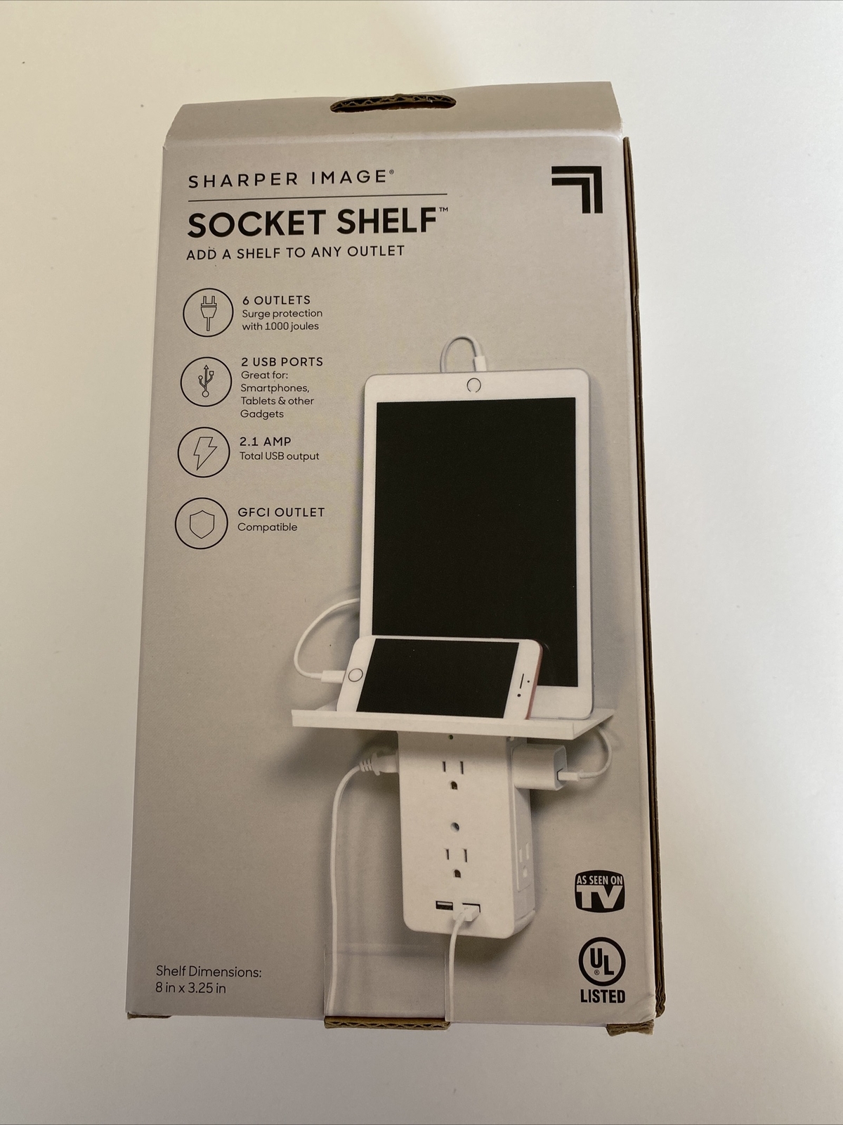 Sharper Image Socket Shelf 8 Port Surge Protector Wall Outlet, As Seen On TV