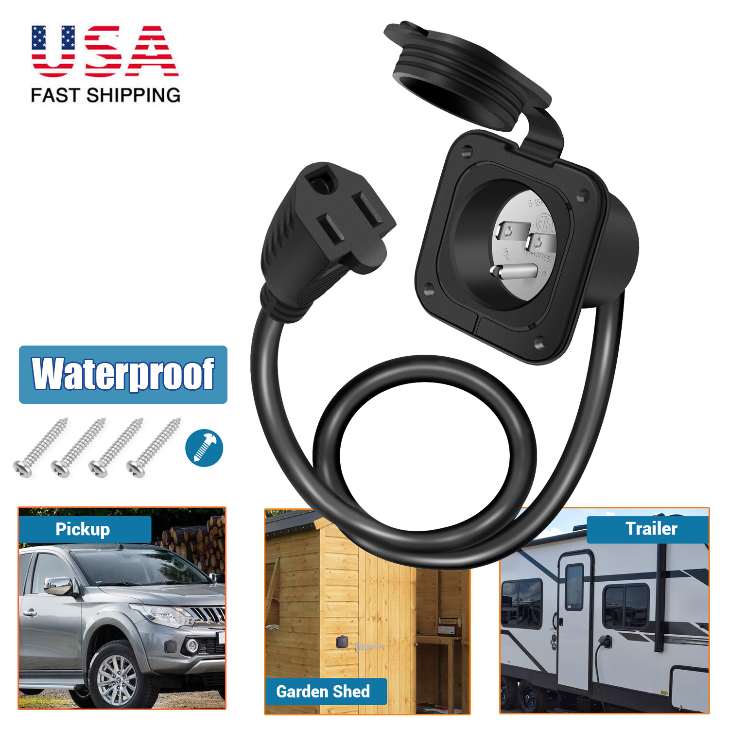 Trailer 15A 110 120V Ac RV Marine Power Flanged Inlet Port Plug + 18″ Cord