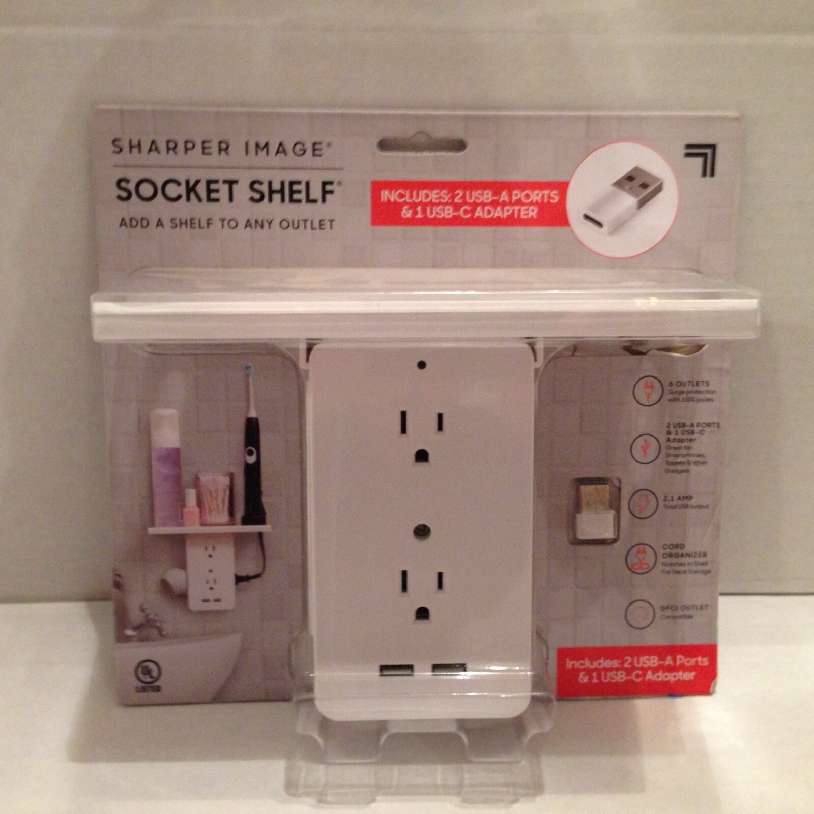 Sharper Image Socket Shelf Cordless Wall 6-Outlet Extender – White