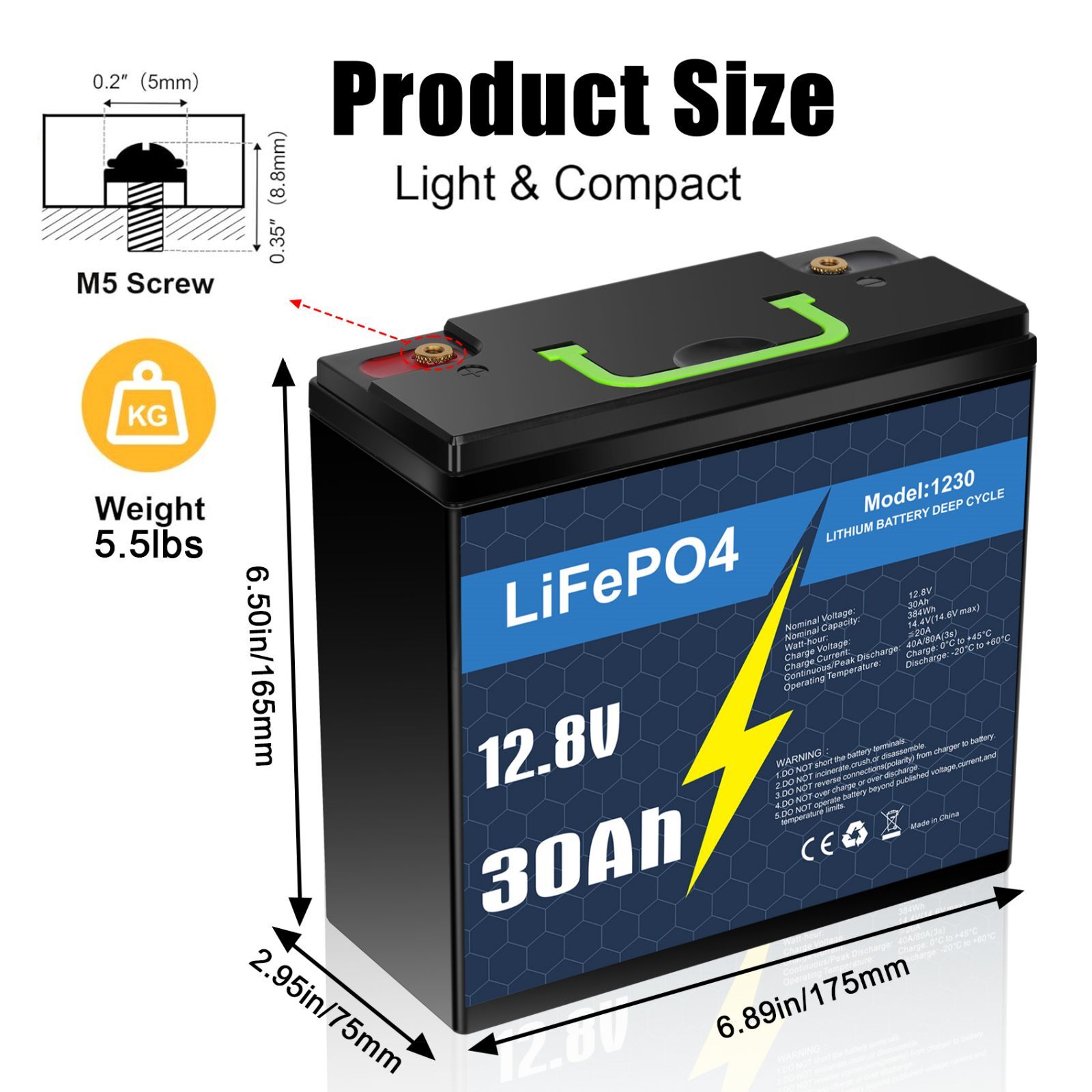 12V 30Ah LiFePO4 Lithium Battery with 5A Charger, Deep Cycle, for Trolling Motor