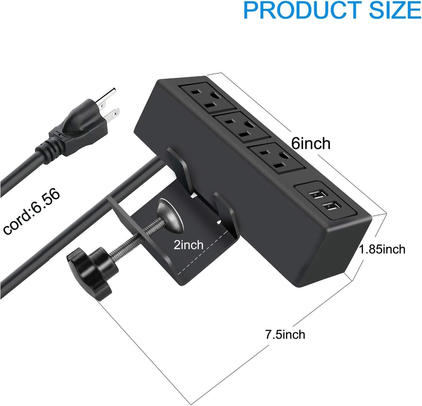 Versatile Desk Power Strip with 3 AC & 2 USB Ports – Clamp Mount for Easy Setup