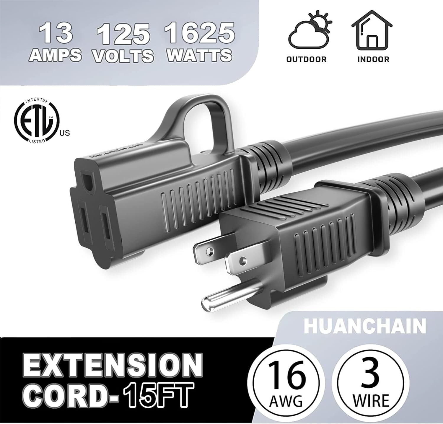 Weather and Corrosion Resistant 3 Prong Electric Cord 15 ft for Home and Office