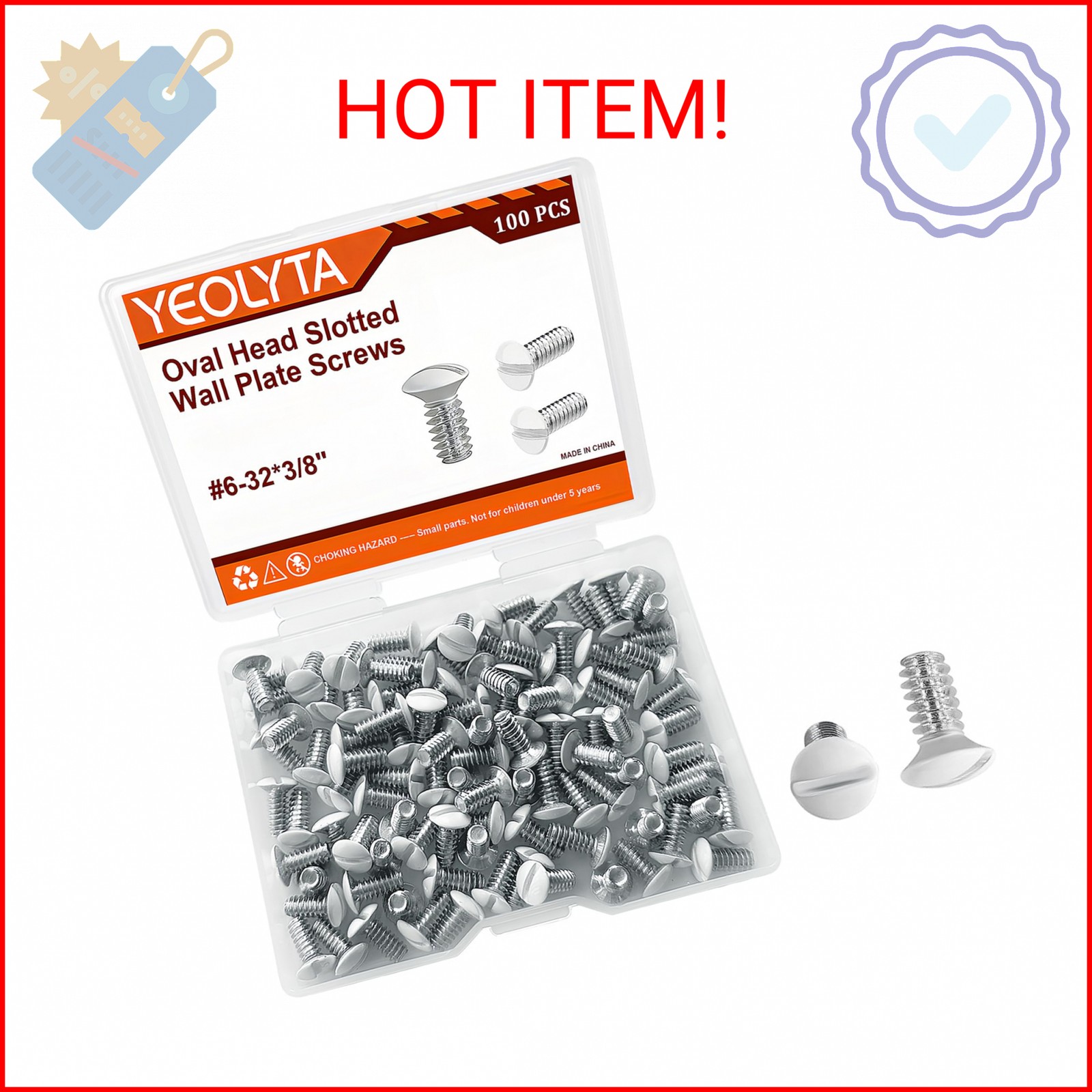 100PCS Wall Plate Screws,3/8″ Long 6-32 Thread,White Outlet Cover Screws,Oval He