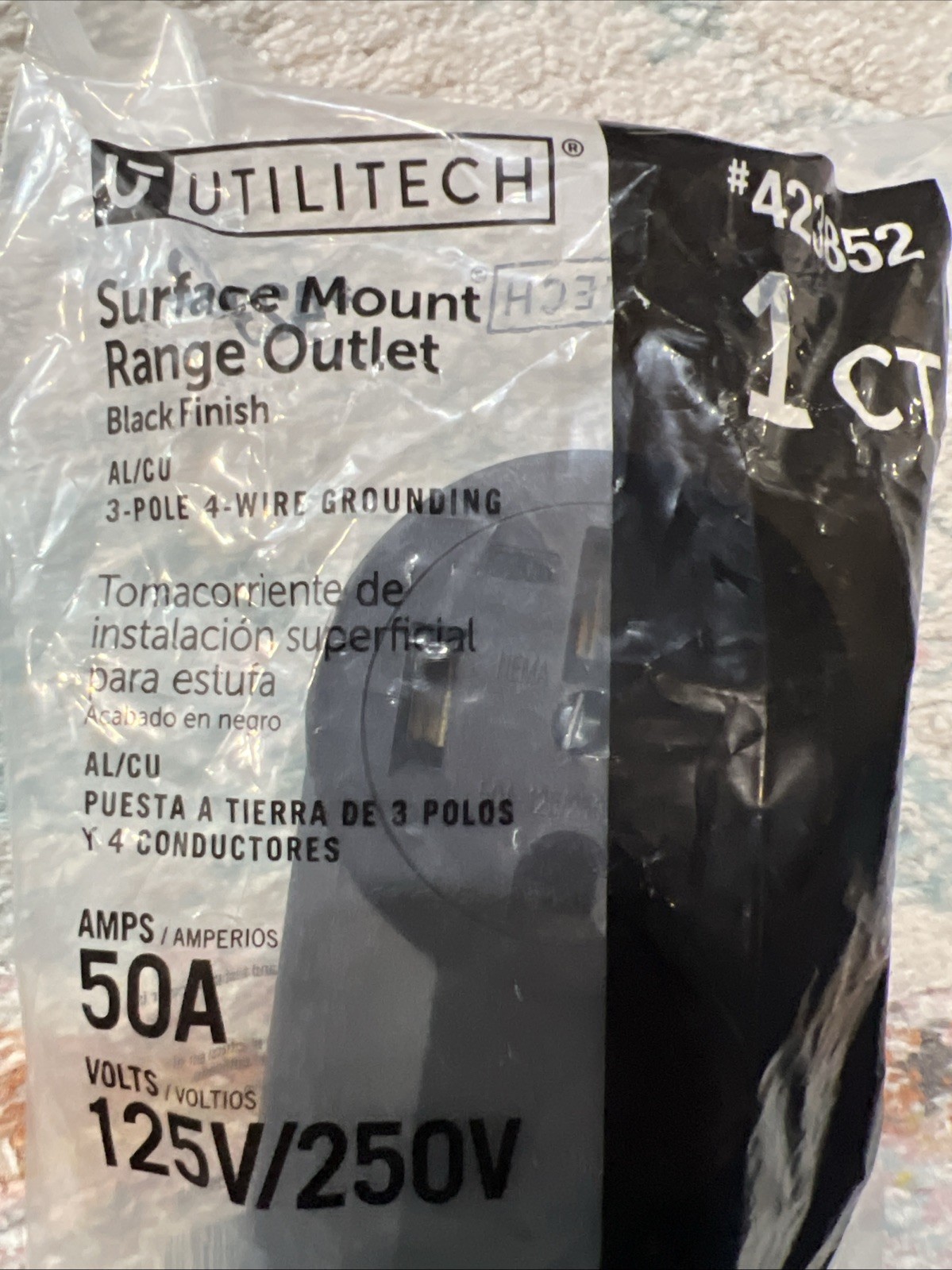 NEW UTILITECH SURFACE MOUNT RANGE OUTLET BLACK 3-POLE 50 AMP 125V/250V 3-Pack