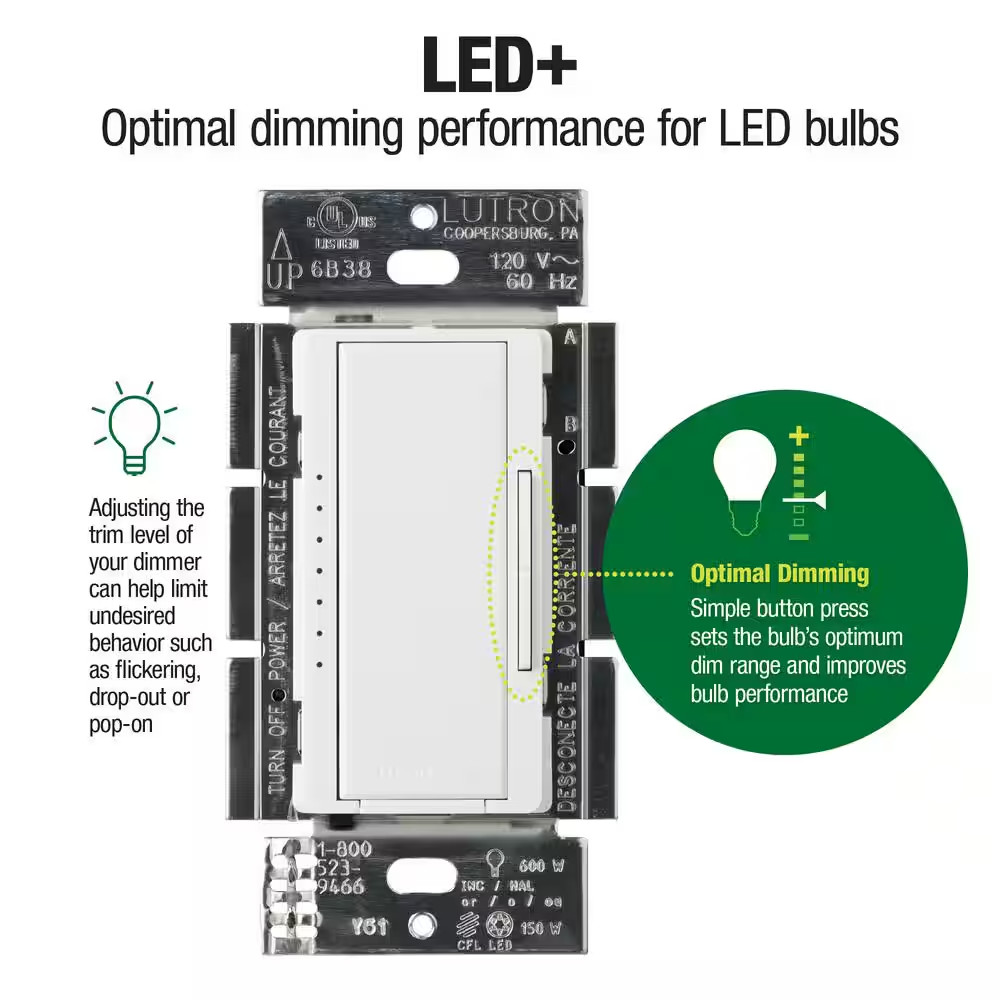 Maestro LED+ Dimmer Switch for Dimmable LED Bulbs, 150W/Single-Pole or Multi-Loc