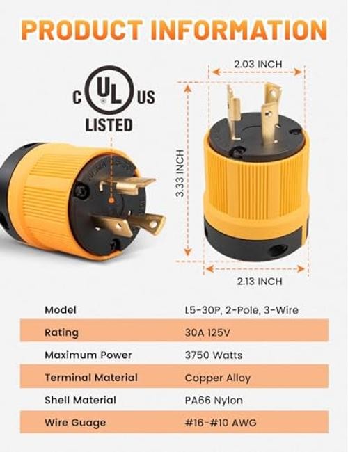 30A 125V NEMA L5-30P Generator Locking Plug UL Listed, 3 L5-30P Locking Plug