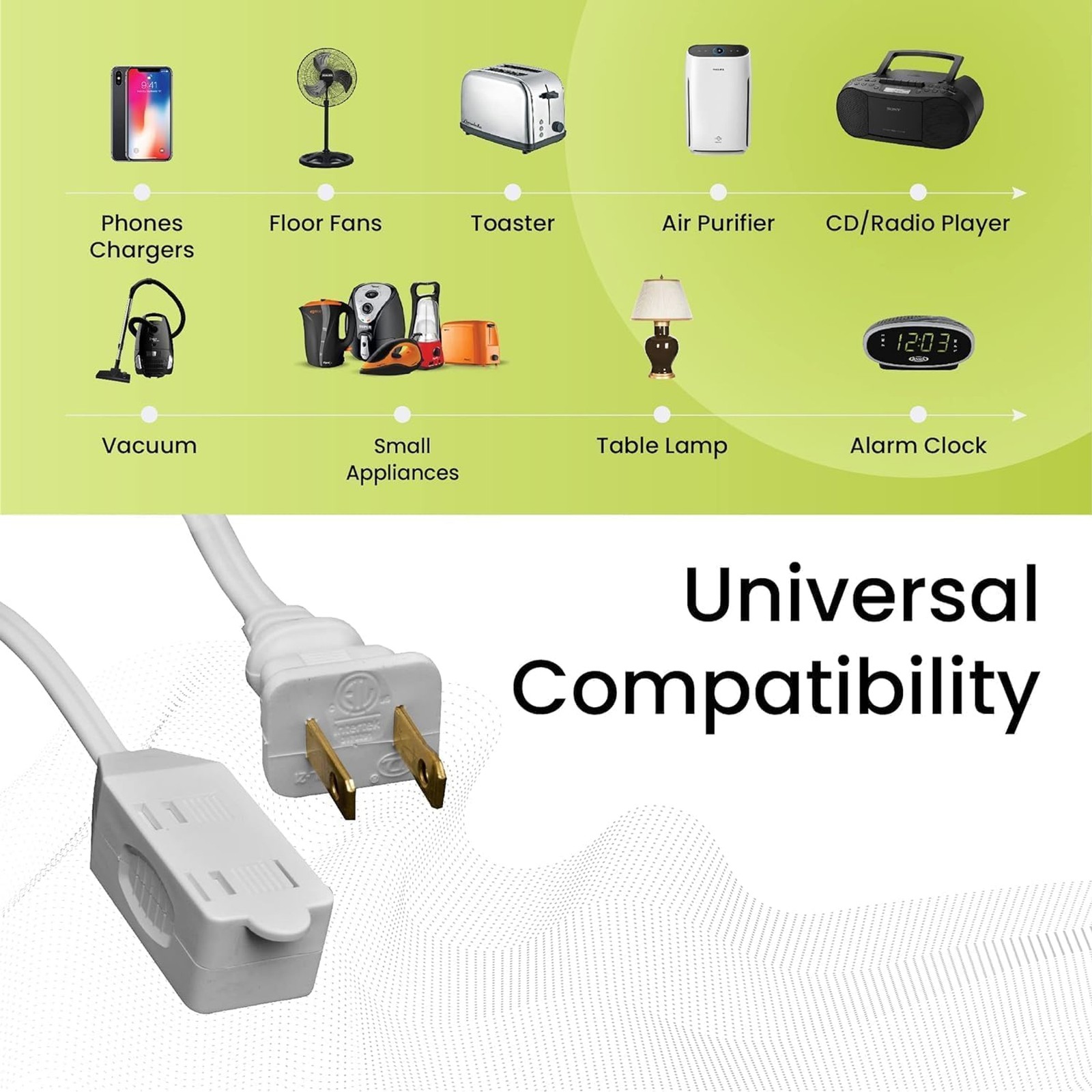 GoGreen Power Inc. (G-24706-5) 16/2 6′ Household Extension Cord, 3 Outlets, Whit