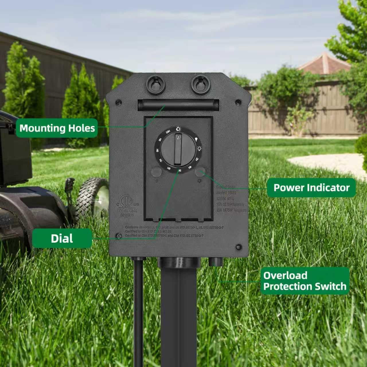 Outdoor Power Strip Timer, Dusk to Dawn Light Sensor Countdown, 6 Feet Extension