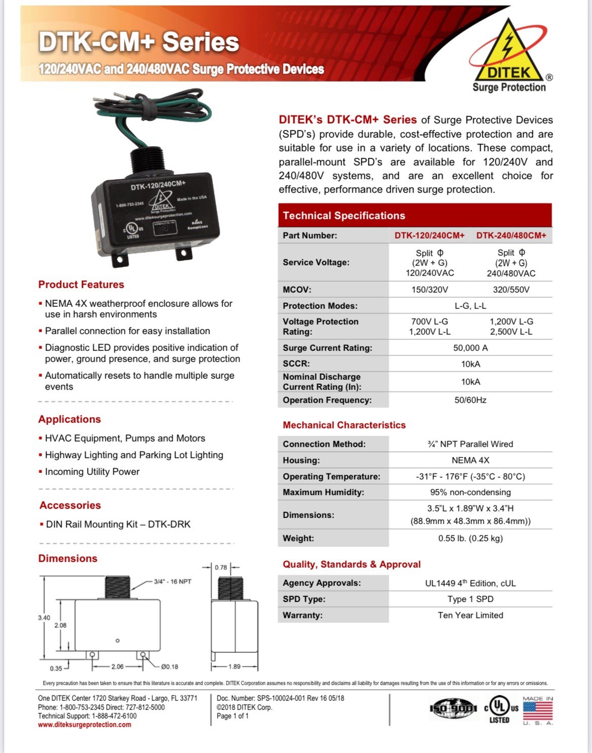 DITEK DTK-120/240CM+ Surge ARRESTOR Parallel Protector Multi-Purpose NEMA 4X AC