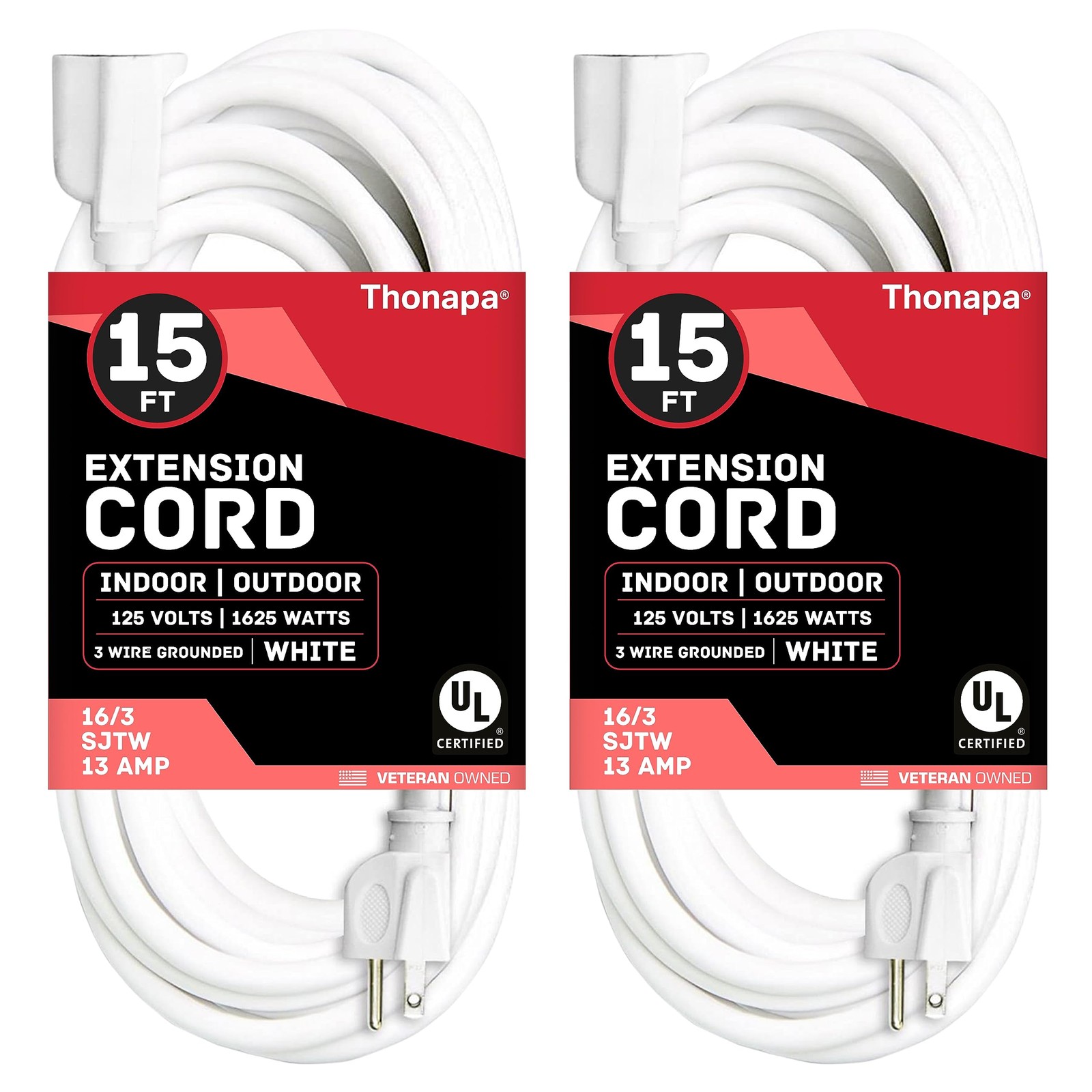Thonapa 2 Pack White Extension Cord 15 ft, 16/3 SJTW Weatherproof -3 Prong Plug