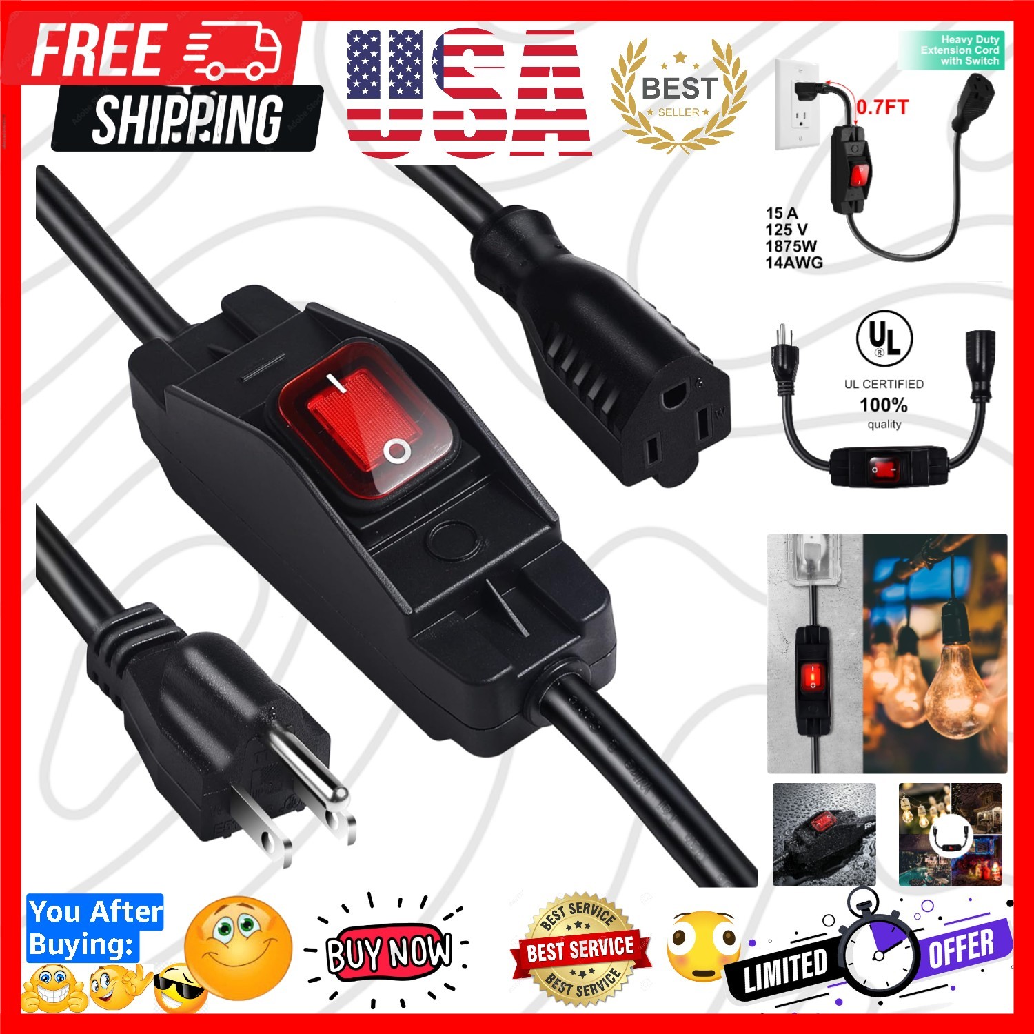 Outdoor Waterproof On/Off Switch Extension Cord, Heavy Duty 125v/250v Black SJTW