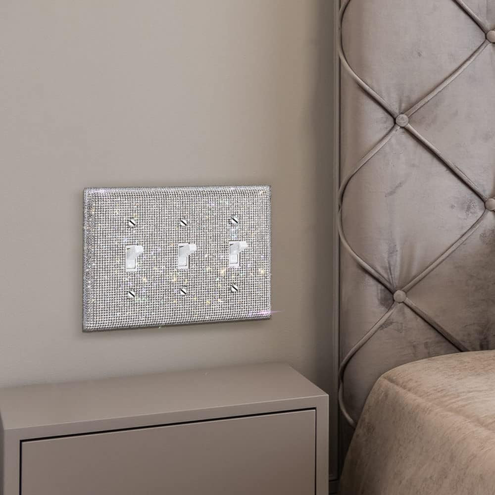 Silver Shiny Sparkle Bling Crystal Rhinestones Wall Plate Cover, 3-Gang Toggle L