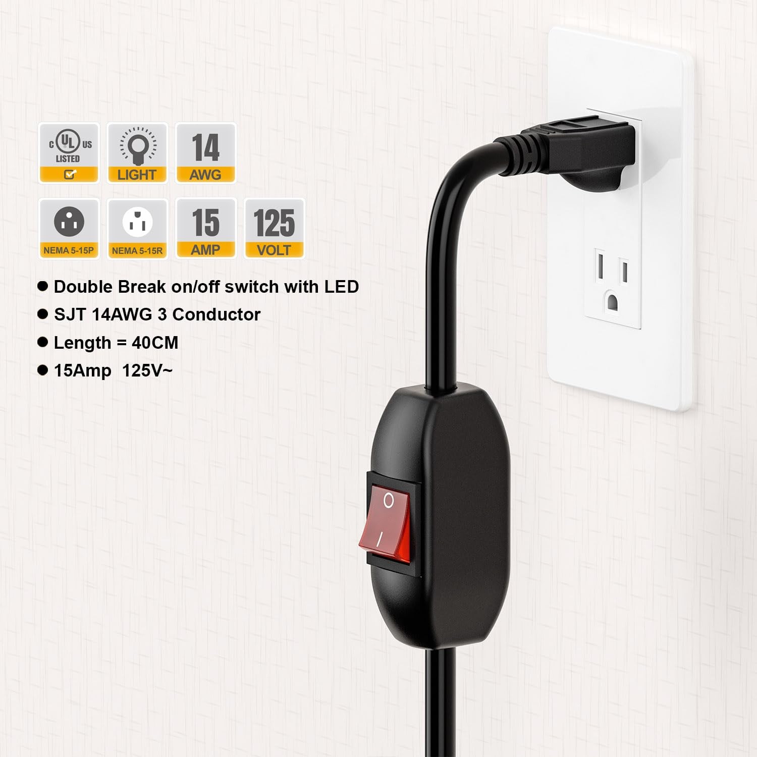 Inline On/Off Switch Extension Cord, 15A Heavy Duty Power Cable, 40CM