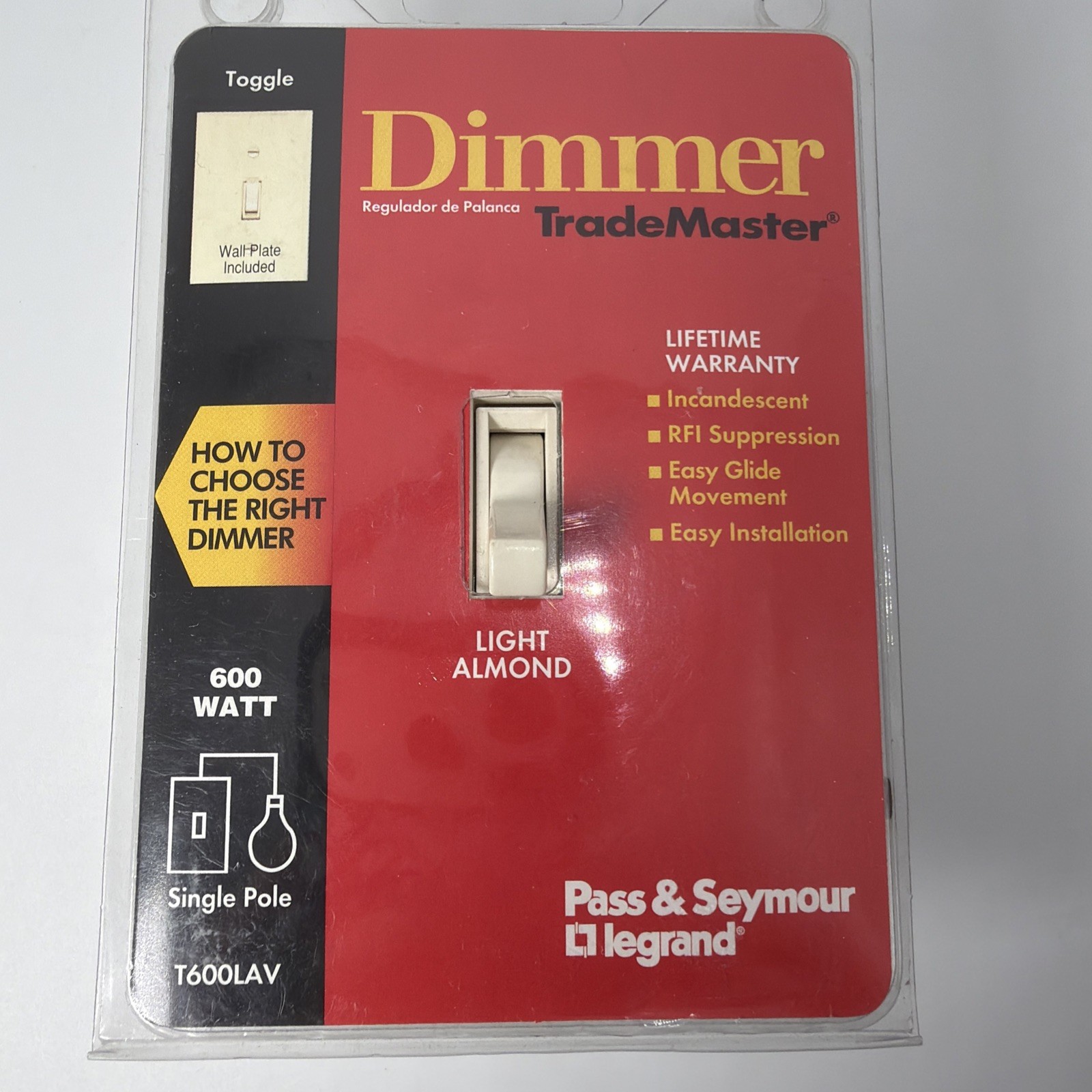 3-Way 600 Watt Light Almond Toggle Dimmer Switch Pass & Seymour L NEW T600LAV
