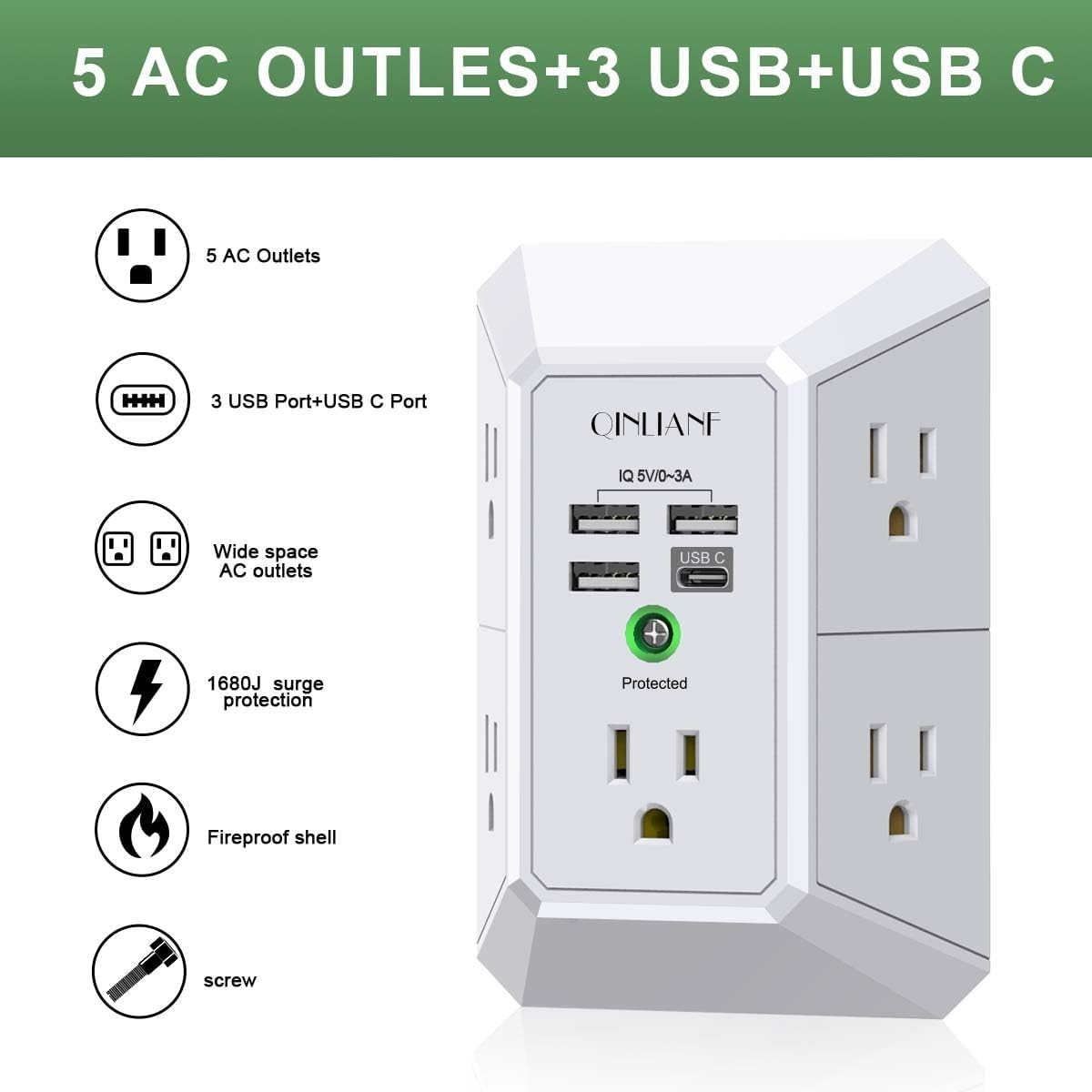 Multi Plug Outlet Surge Protector – POWSAF 5 Outlet Extender with 4 USB Ports(2