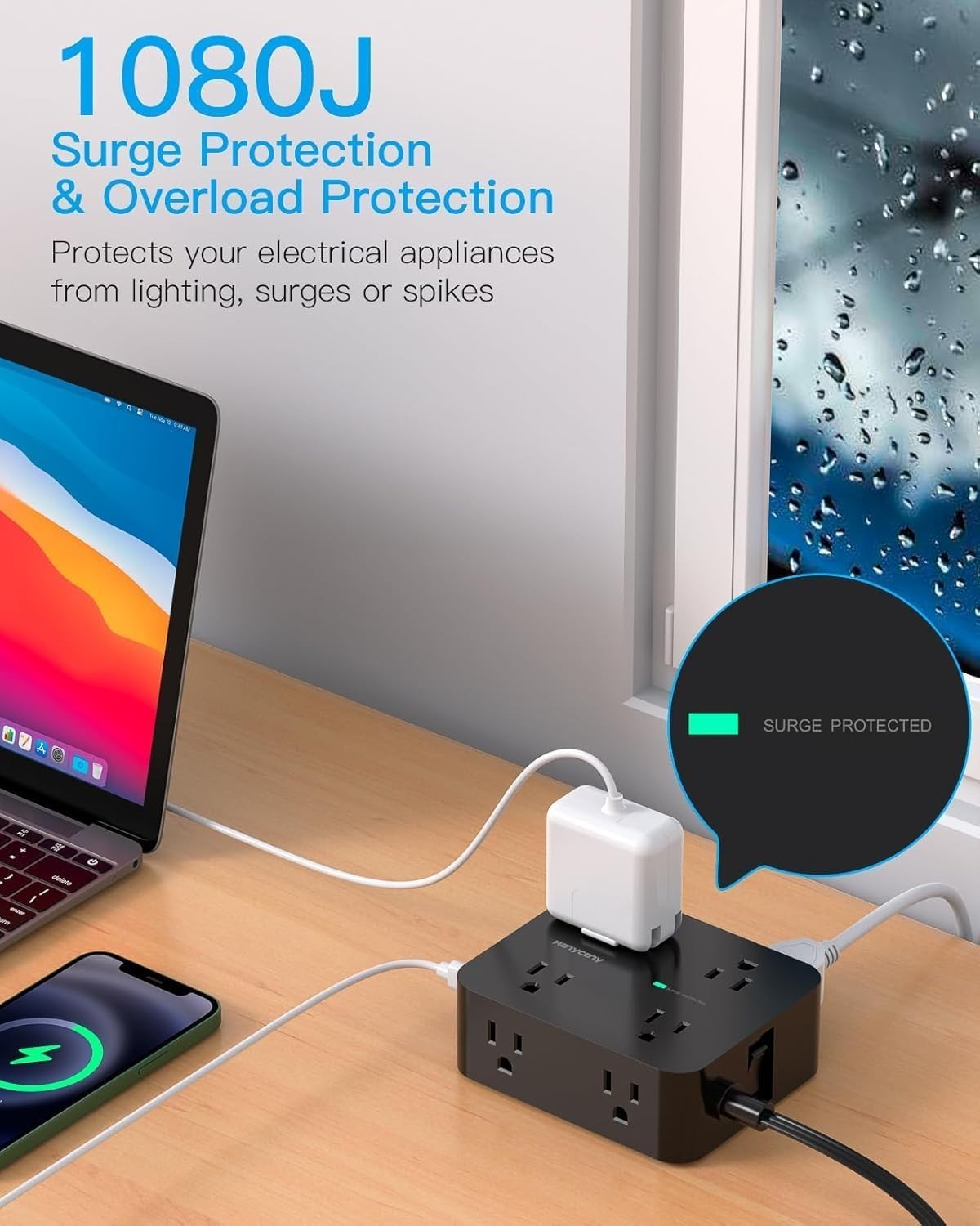 8-Outlet Surge Protector Power Strip with 4 USB & 2 USB-C Ports, 1080J Black